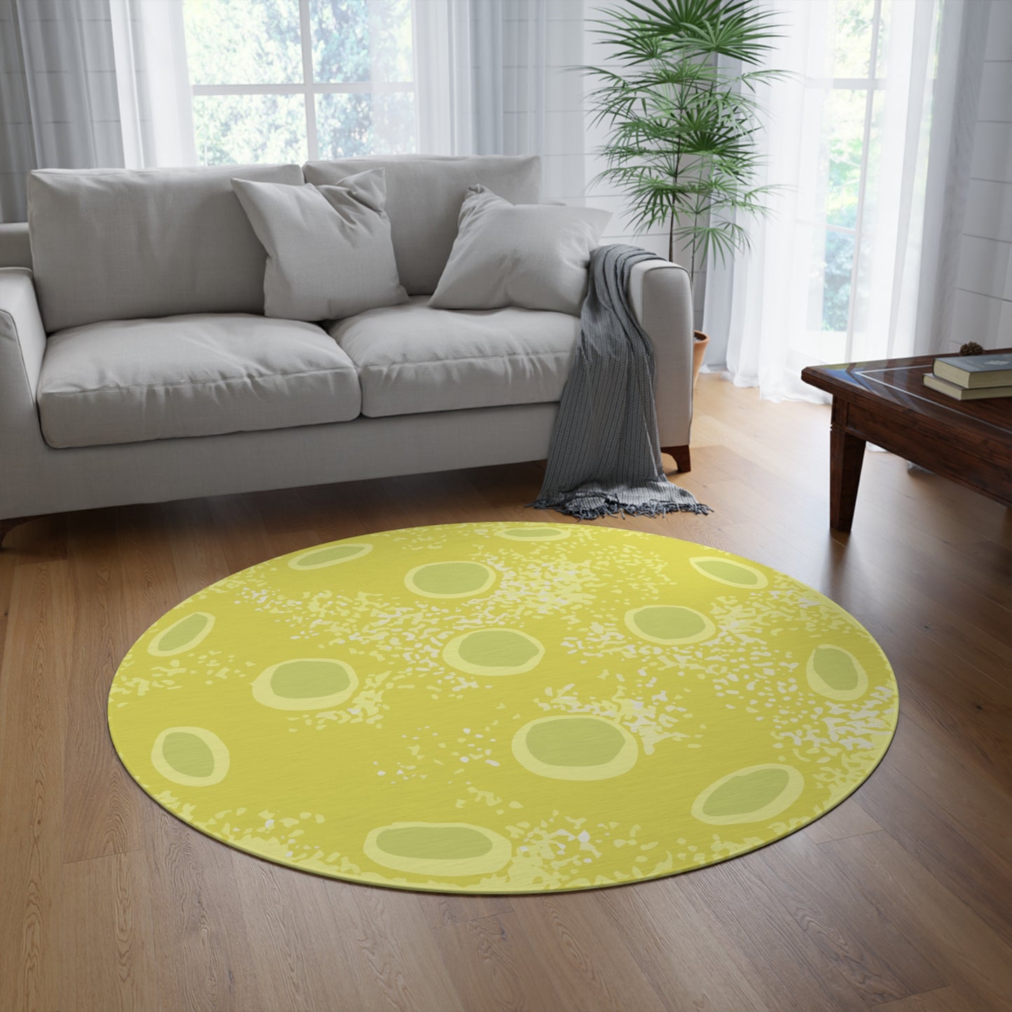 Yellow Pickleball Round Rug — Modern Abstract Circular Accent Rug for Living Room, Nursery & Playroom