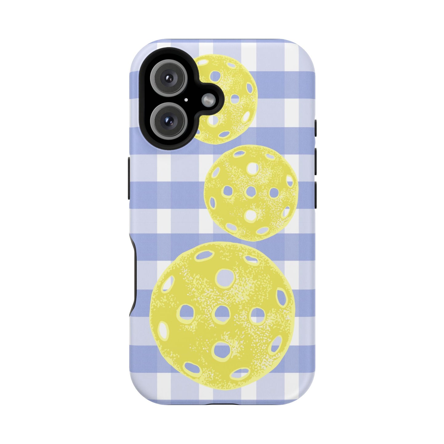 Pickleball Pattern Phone Case — Yellow Pickleball on Blue Gingham Impact Case