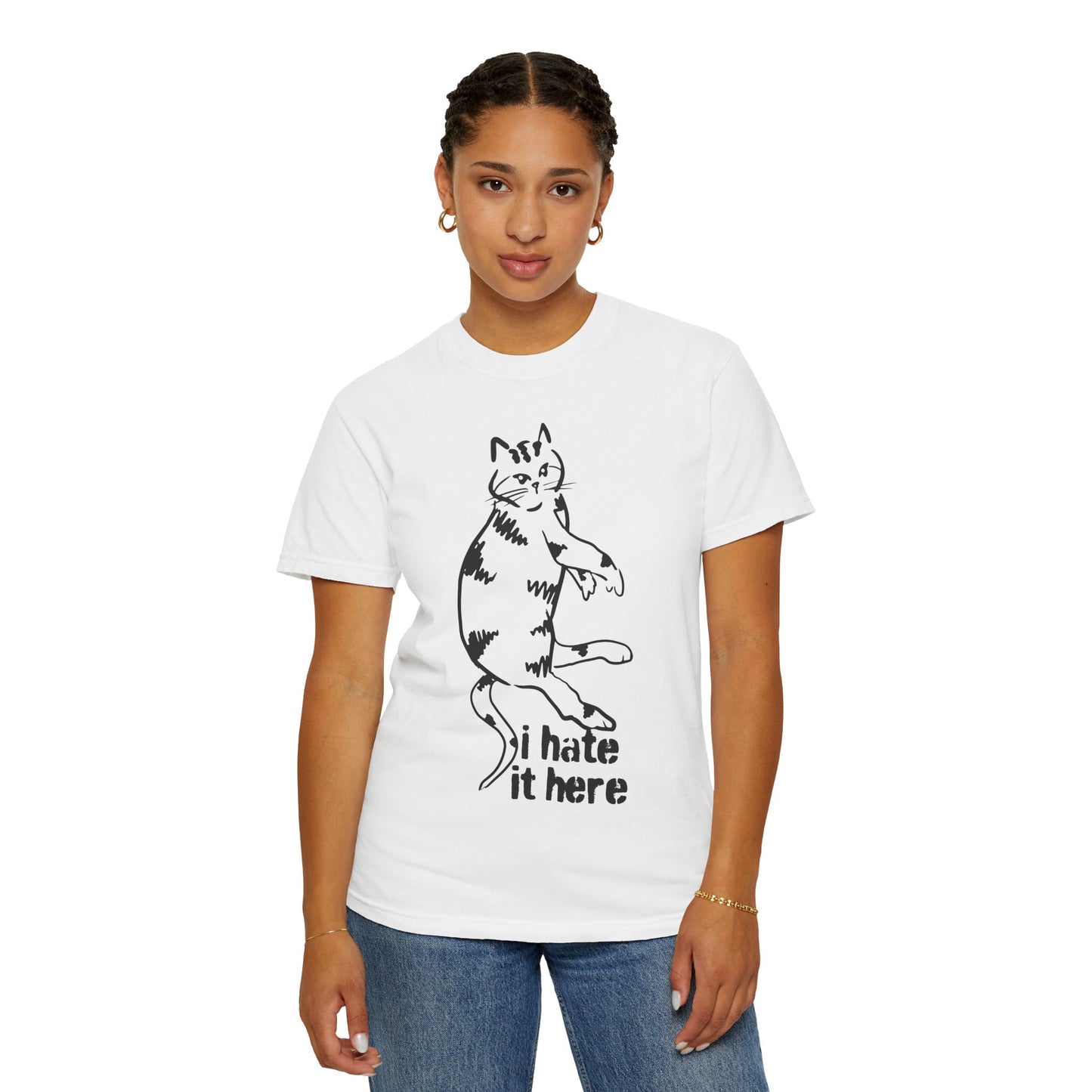 "I hate it here"...Funny Cat T-Shirt Showcasing Cat with Attitude, Halloween, Unisex Tee, Garment-Dyed Shirt, Quirky Cat Lover Gift, Casual Wear, Perfect for Cat Owners