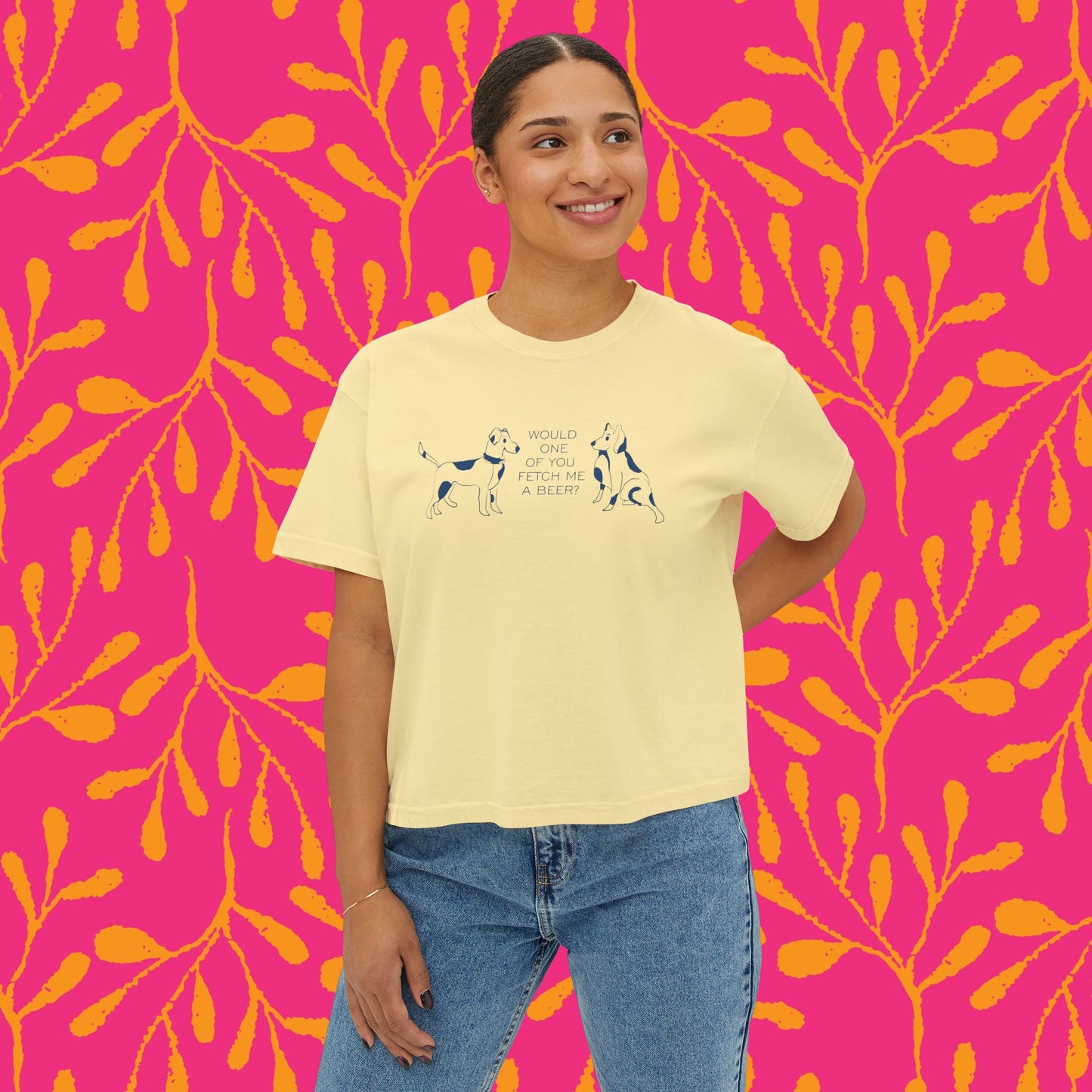 FETCH ME A BEER!  Playful Dog Lover's Boxy Tee, Cute Dog Graphic T-Shirt, Women's Casual Shirt, Gift for Pet Owners, Animal Lover's Apparel