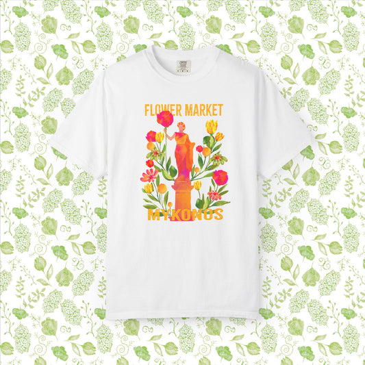Greek Isle Mykonos Floral Market T-Shirt | Summer Vibes, Eco-Friendly Apparel, Casual Wear, Gift for Her, Bohemian Style