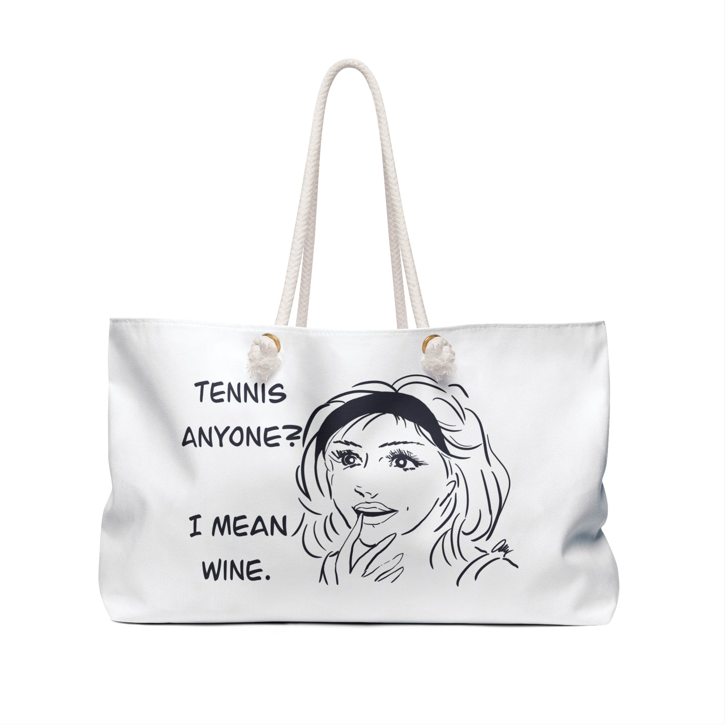 Weekender Bag - "Tennis Anyone? I Mean Wine." Funny Retro Comic Tote for Wine Lovers & Tennis Fans