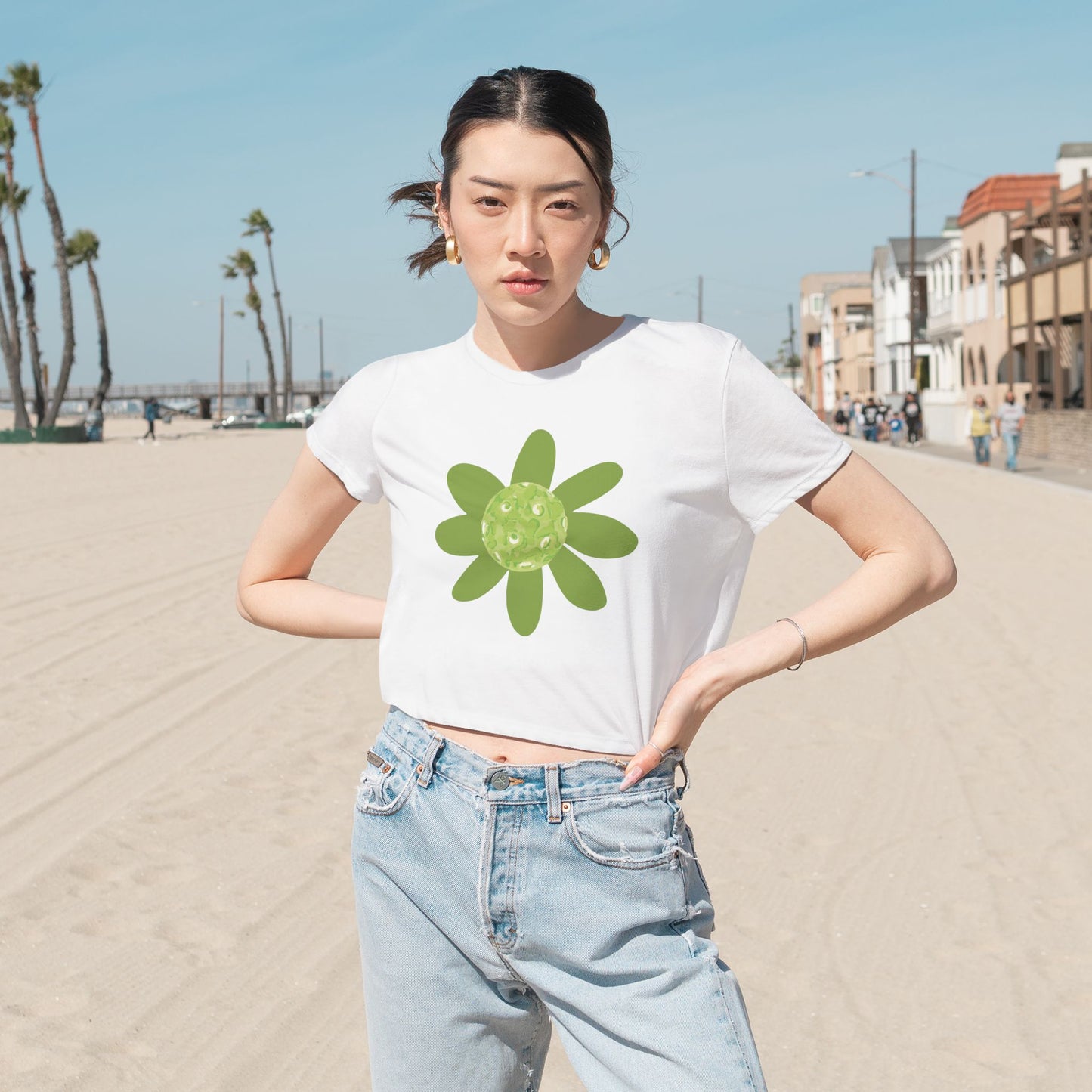 Green Pickleball Floral Women's Flowy Cropped Tee, Casual Summer Top, Cute Flower Shirt, Trendy Graphic Tee, Gift for Her, Spring Fashion