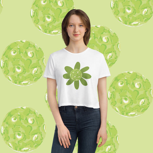 Green Pickleball Floral Women's Flowy Cropped Tee, Casual Summer Top, Cute Flower Shirt, Trendy Graphic Tee, Gift for Her, Spring Fashion