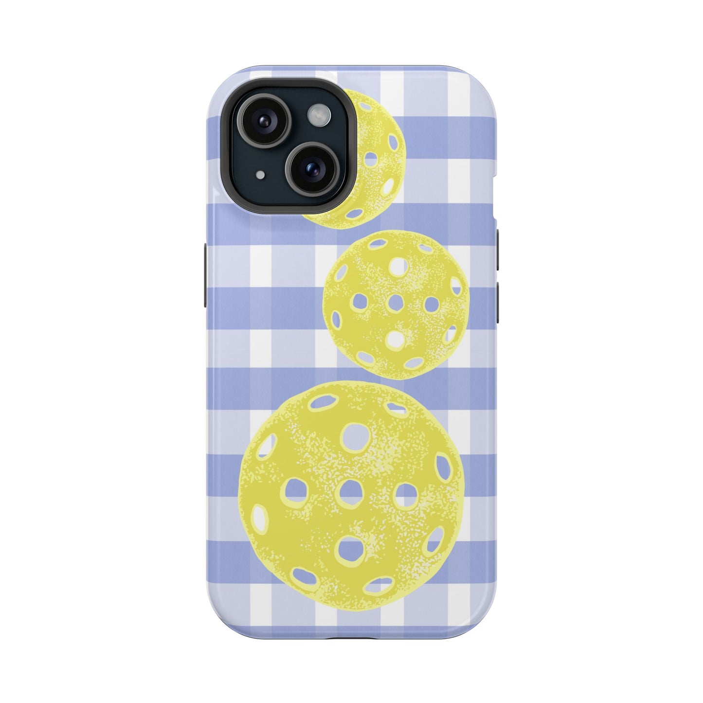 Pickleball Pattern Phone Case — Yellow Pickleball on Blue Gingham Impact Case