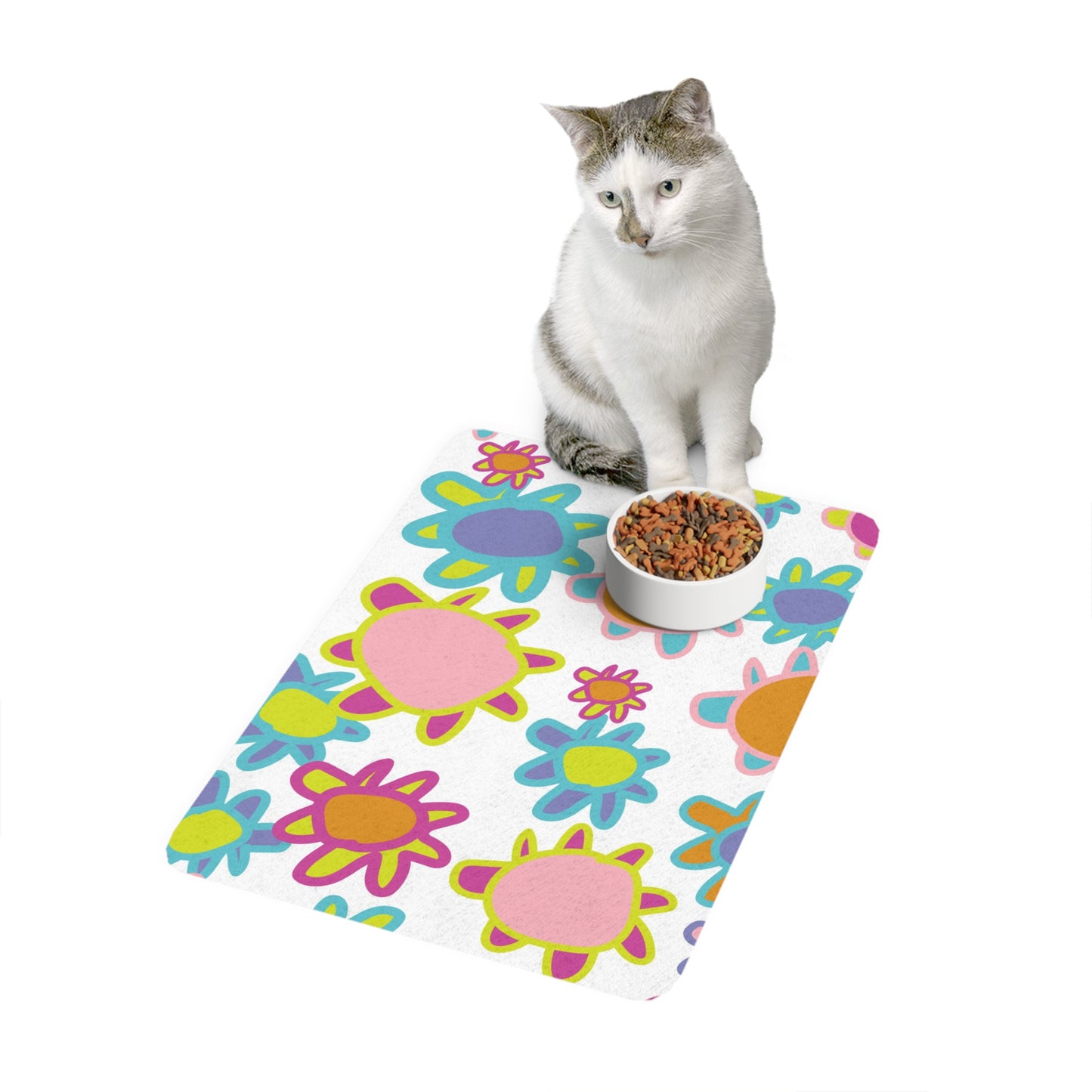 Colorful Flower Pet Food Mat for Cats & Dogs, Cute Pet Feeding Mat, Non-Slip Food Tray, Dog Dish Mat, Fun Floral Design, Pet Gift