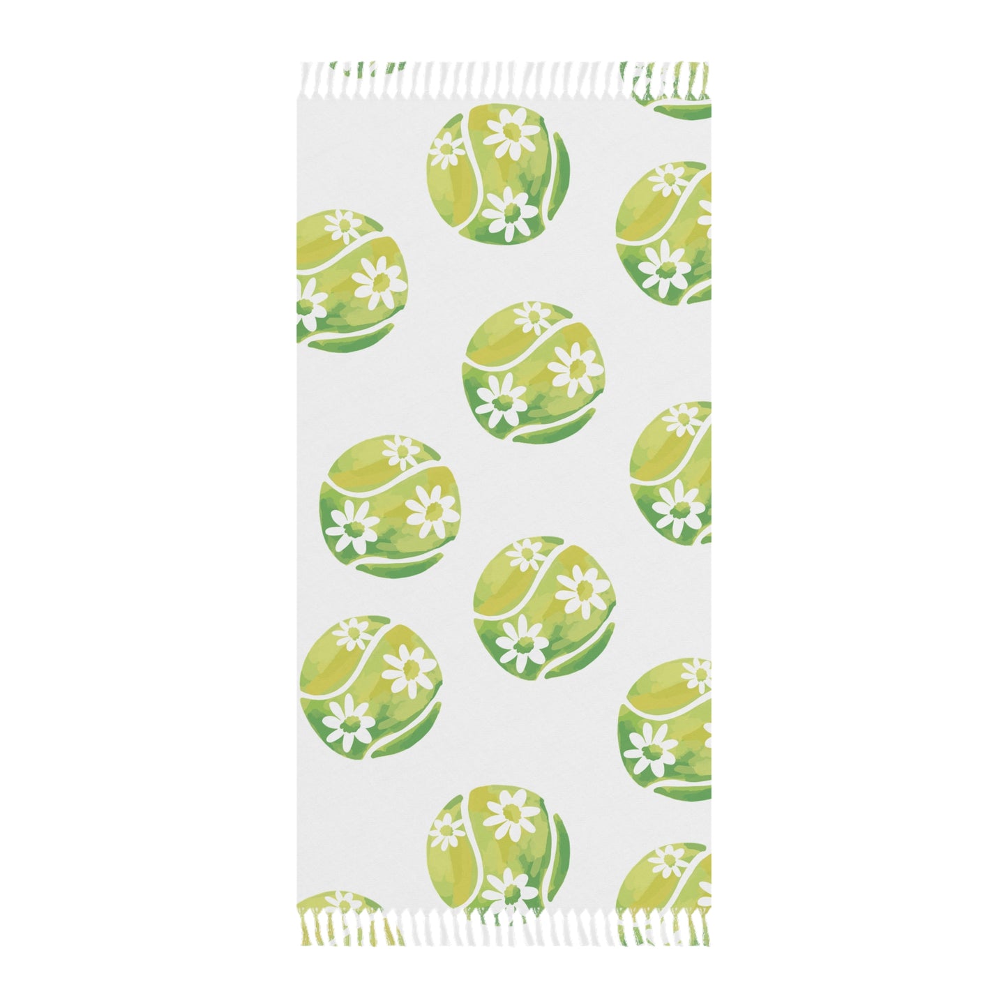 Boho Floral Beach Towel – Green Daisy Tennis Ball Pattern, Lightweight Fringe Turkish Towel