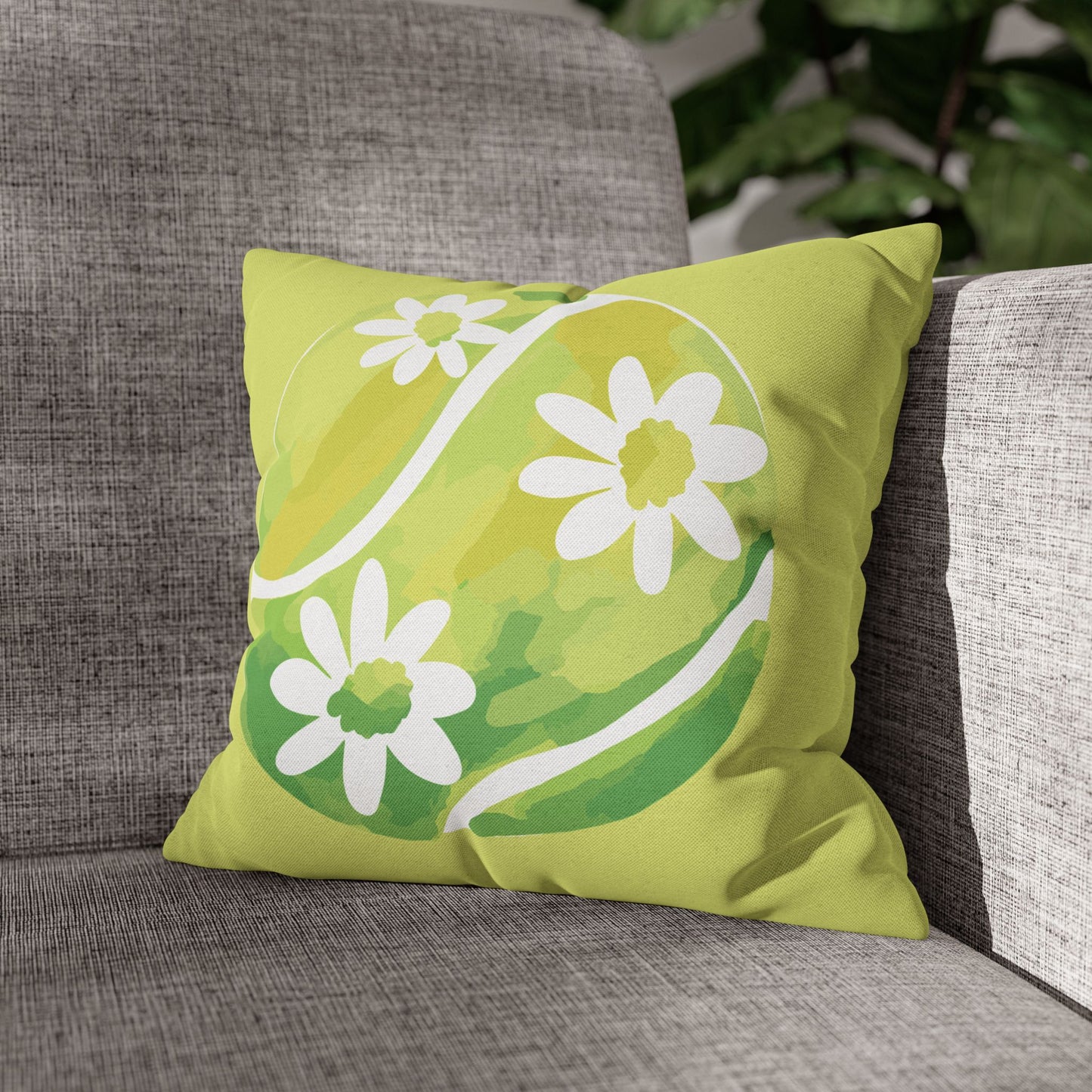 Tennis Ball Daisy Spring Floral Square Pillowcase - Decorative Cushion, Home Decor, Couch Pillow, Gift for Her, Green Leaves Design