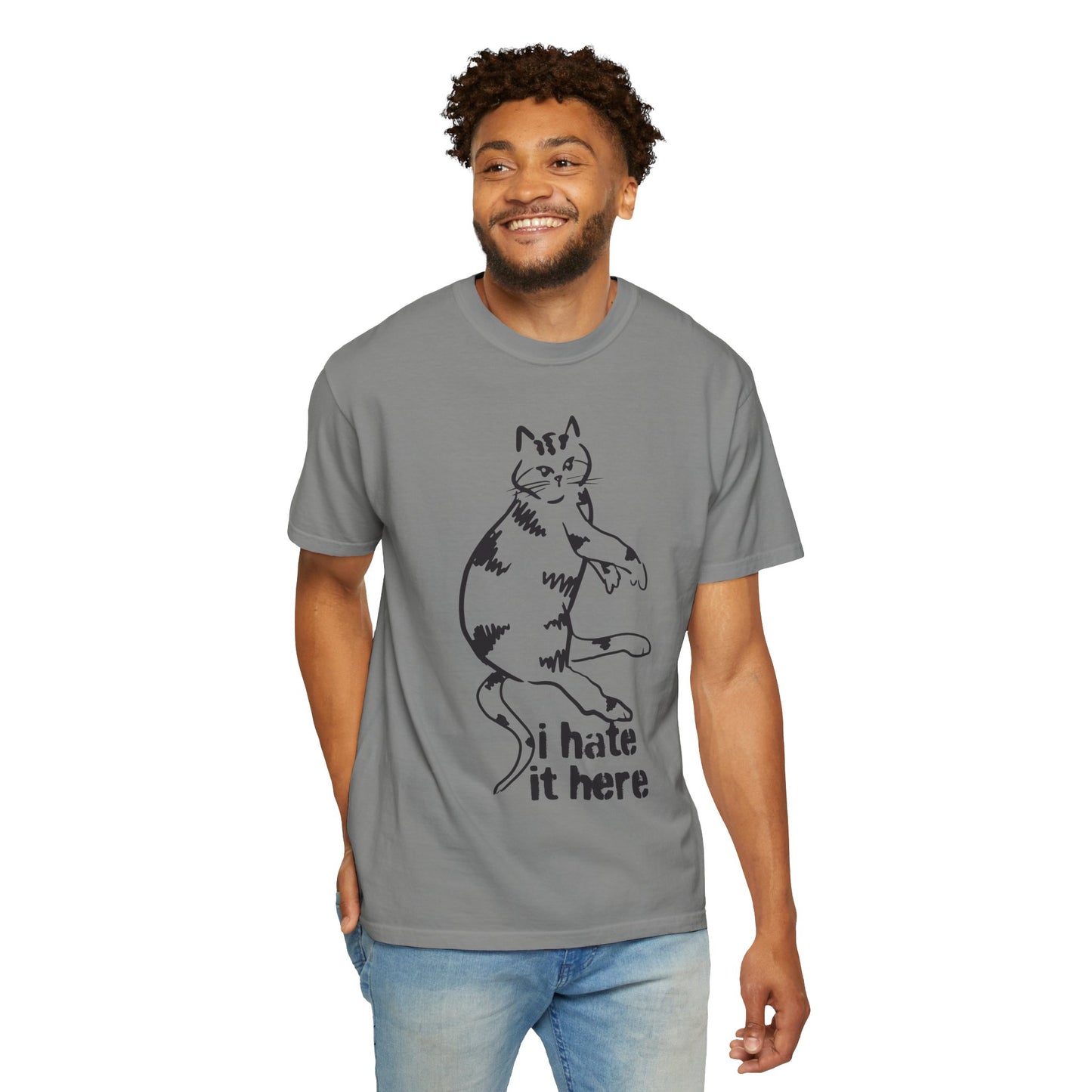 "I hate it here"...Funny Cat T-Shirt Showcasing Cat with Attitude, Halloween, Unisex Tee, Garment-Dyed Shirt, Quirky Cat Lover Gift, Casual Wear, Perfect for Cat Owners