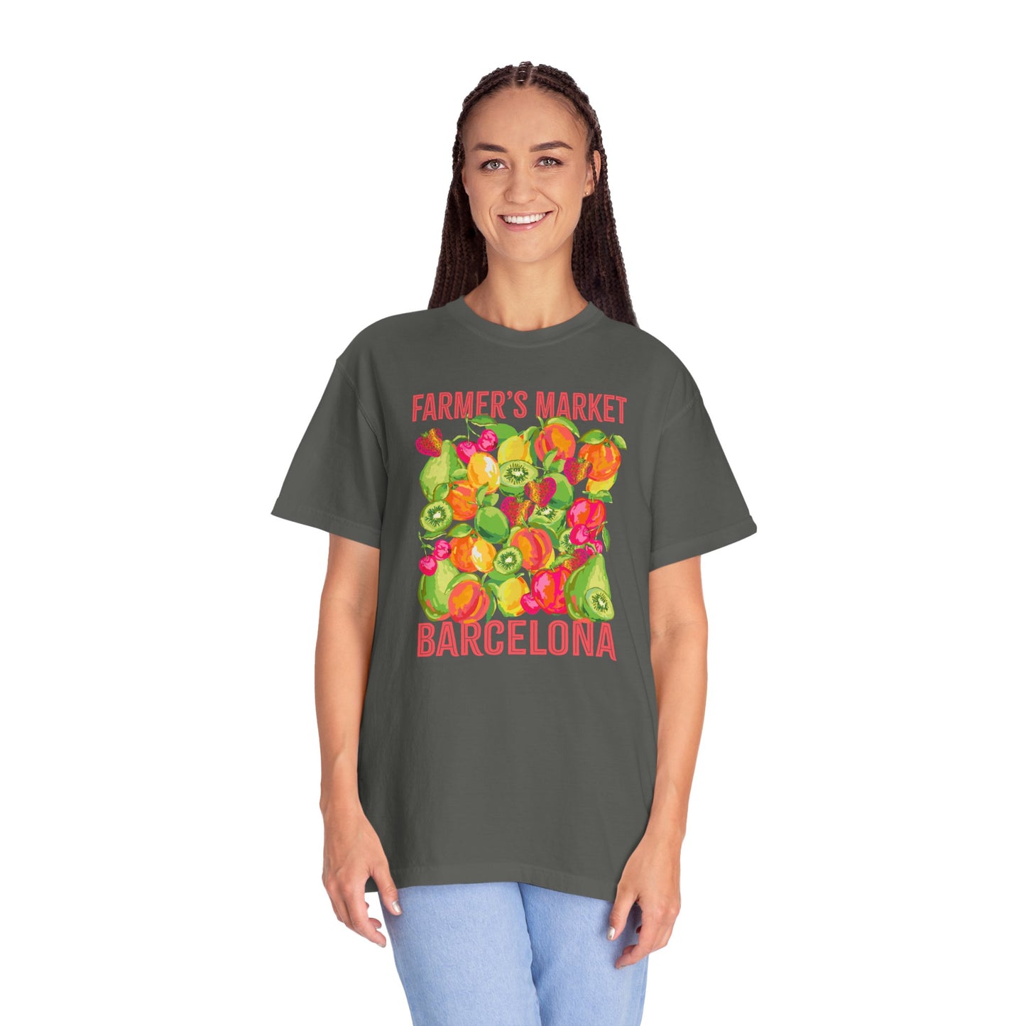 Barcelona Farmers Market T-Shirt | Unisex Garment-Dyed Tee, Cute Summer Style, Gift for Foodies, Market Lover's Apparel, Barcelona Graphic Tee