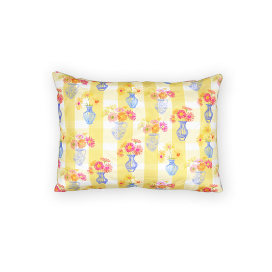 Spring Floral Cotton Pillow Sham — Yellow Plaid Vase Bouquet Accent