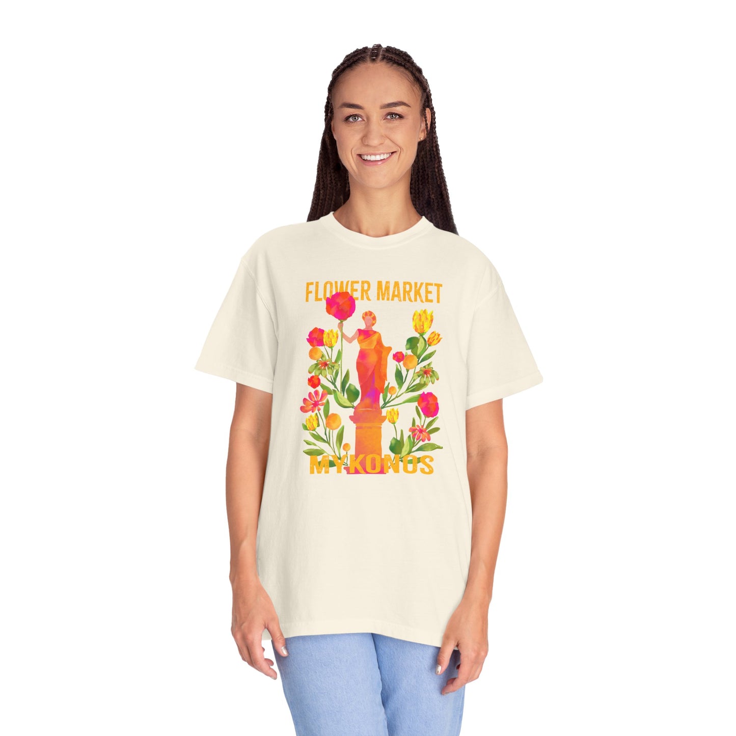 Greek Isle Mykonos Floral Market T-Shirt | Summer Vibes, Eco-Friendly Apparel, Casual Wear, Gift for Her, Bohemian Style