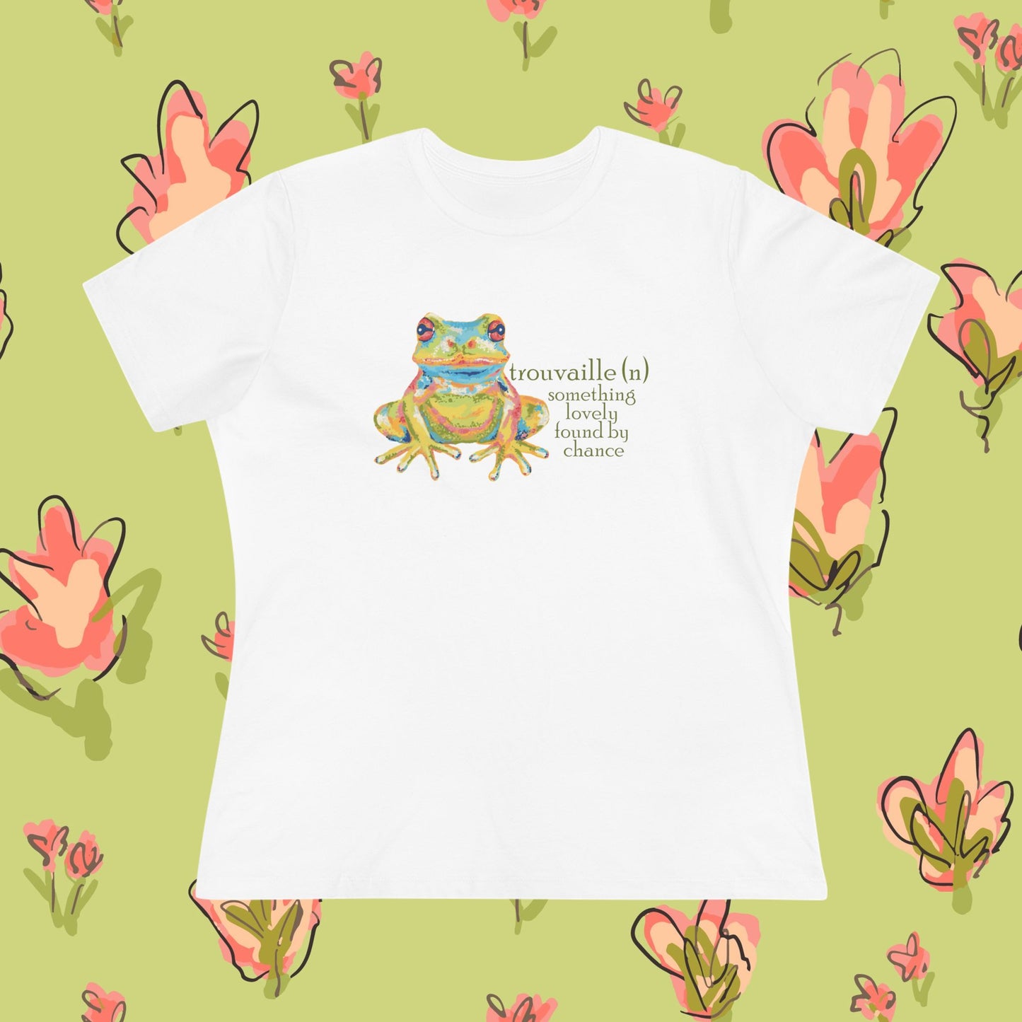 "Trouvaille" Something Lovely Found by Chance French Frog Tee — Women's Cotton T‑Shirt with Colorful Frog Art