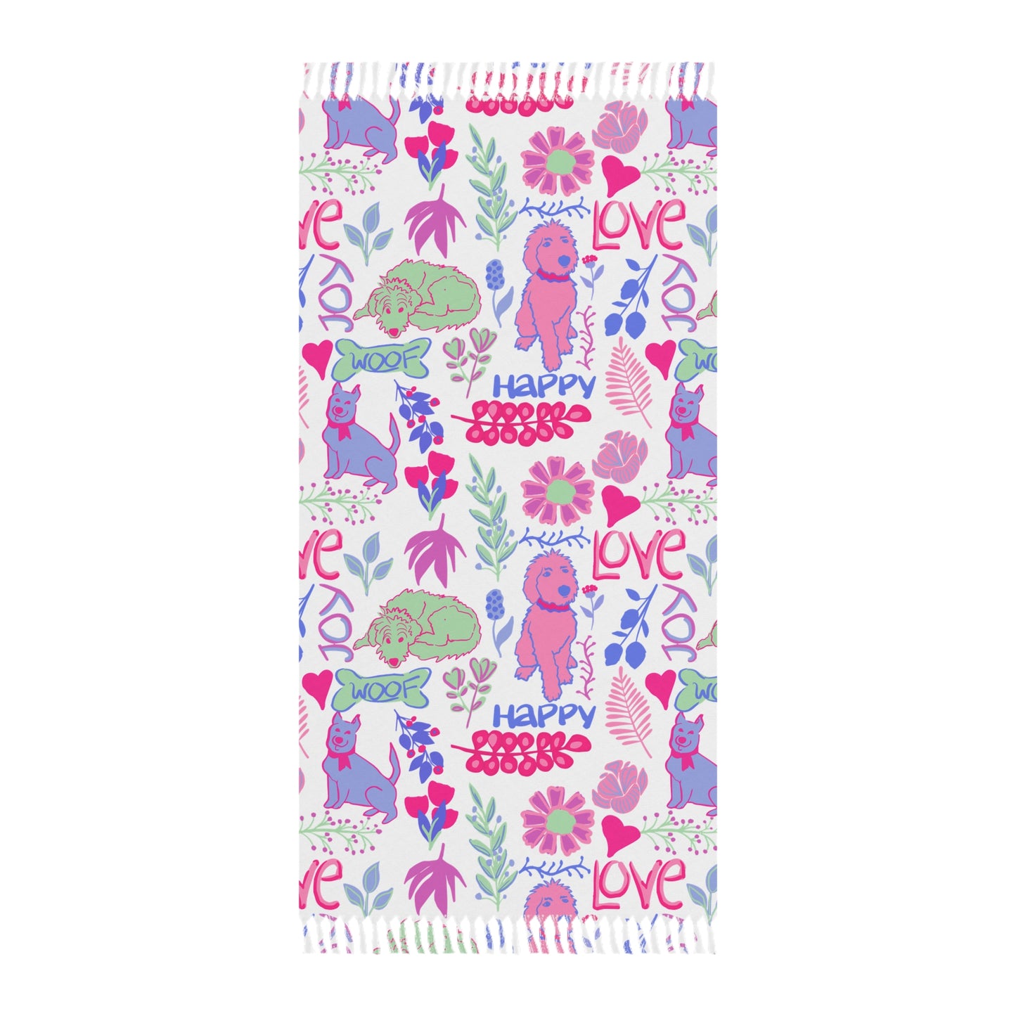 Boho Beach Towel — Cute Pastel Dogs “Love” Pattern
