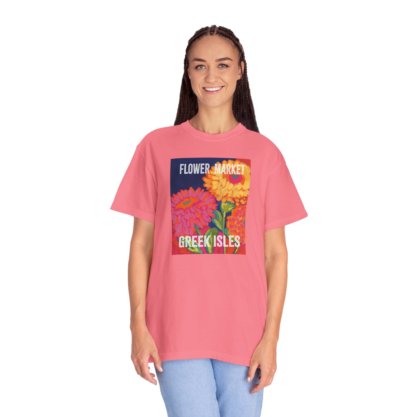 Vibrant Floral Market Tee, Flower Market T-Shirt, Greek Isles Apparel, Gift for Garden Lovers, Summer Wardrobe Essential