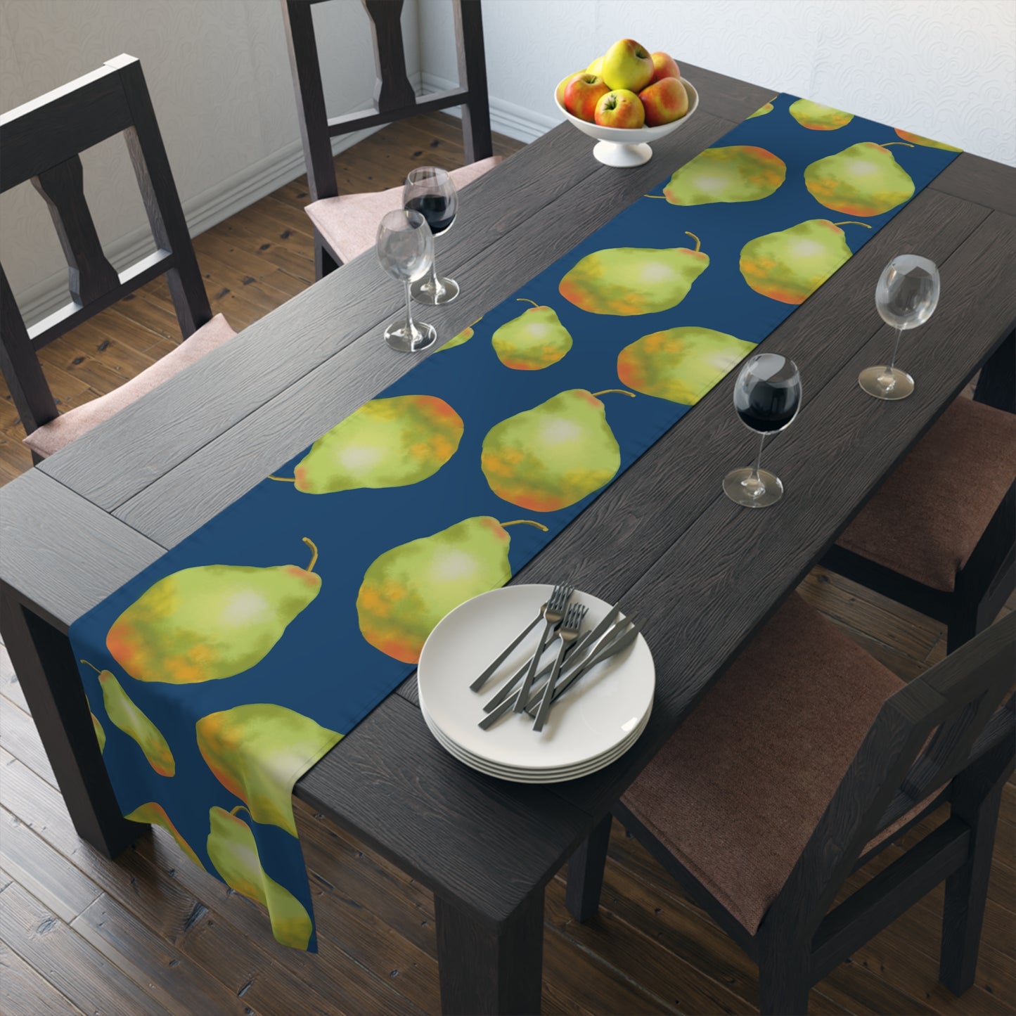 Charming Pear Pattern Table Runner in dark blue and lively pear green.
