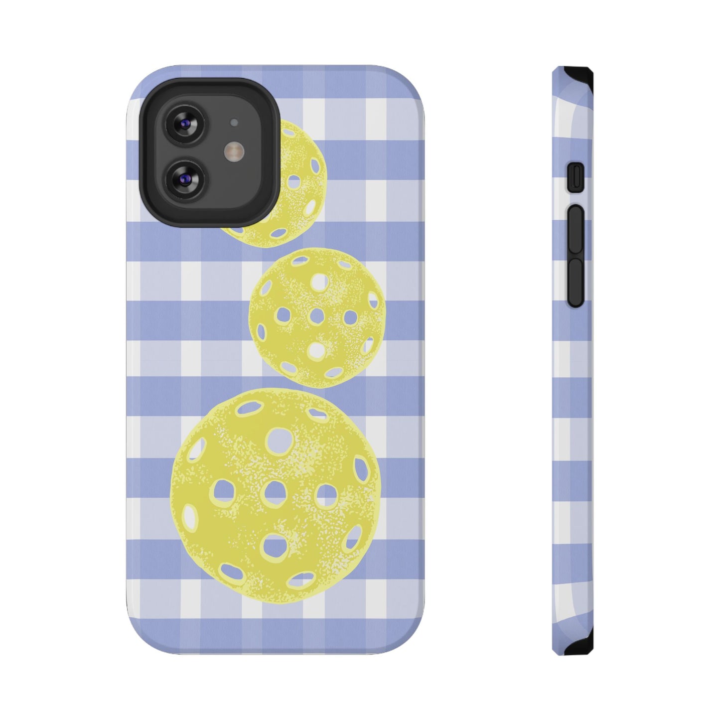 Pickleball Pattern Phone Case — Yellow Pickleball on Blue Gingham Impact Case