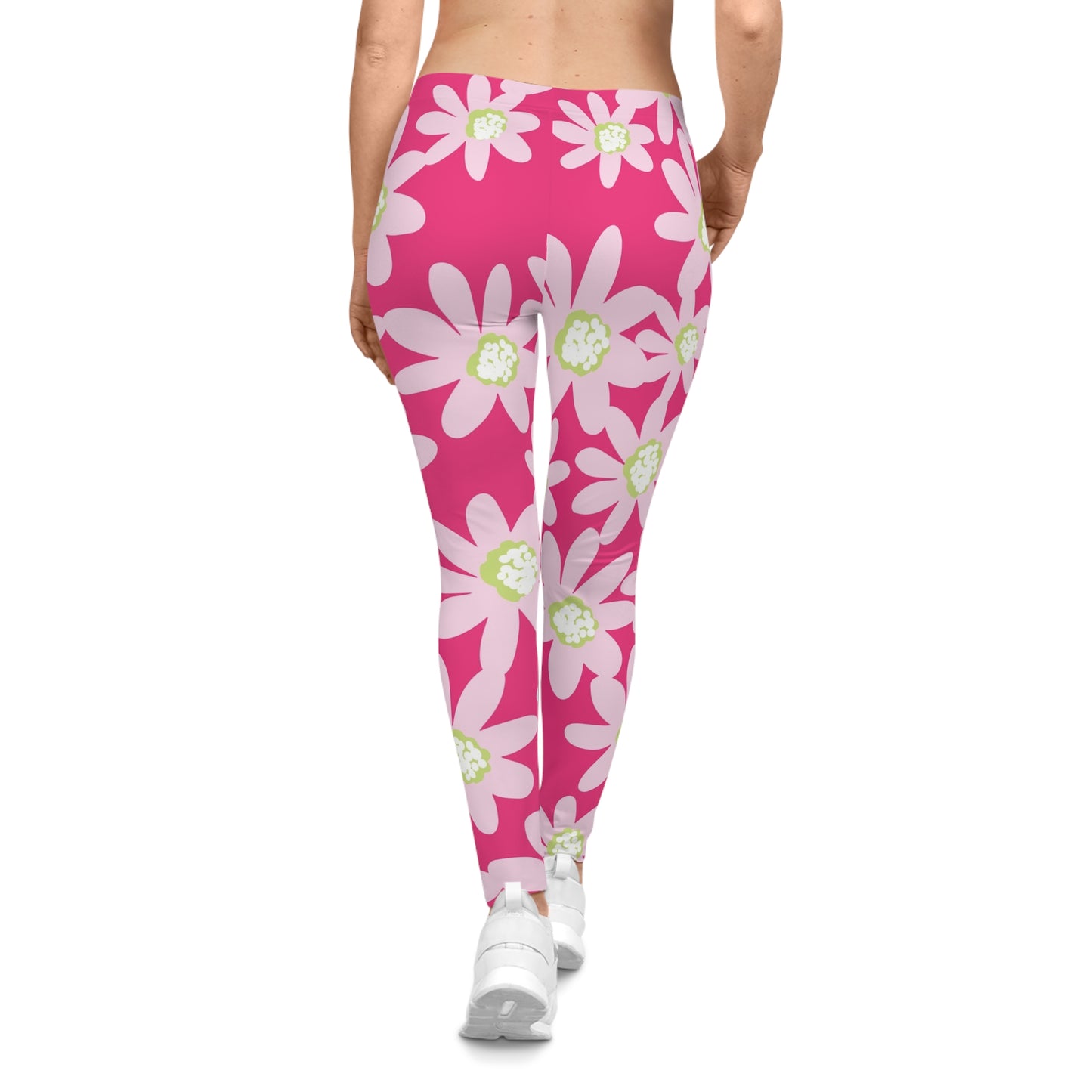 Daisy Pink Floral Women's Casual Leggings, Yoga Pants, Workout Leggings, Spring Activewear, Gift for Her, Everyday Wear