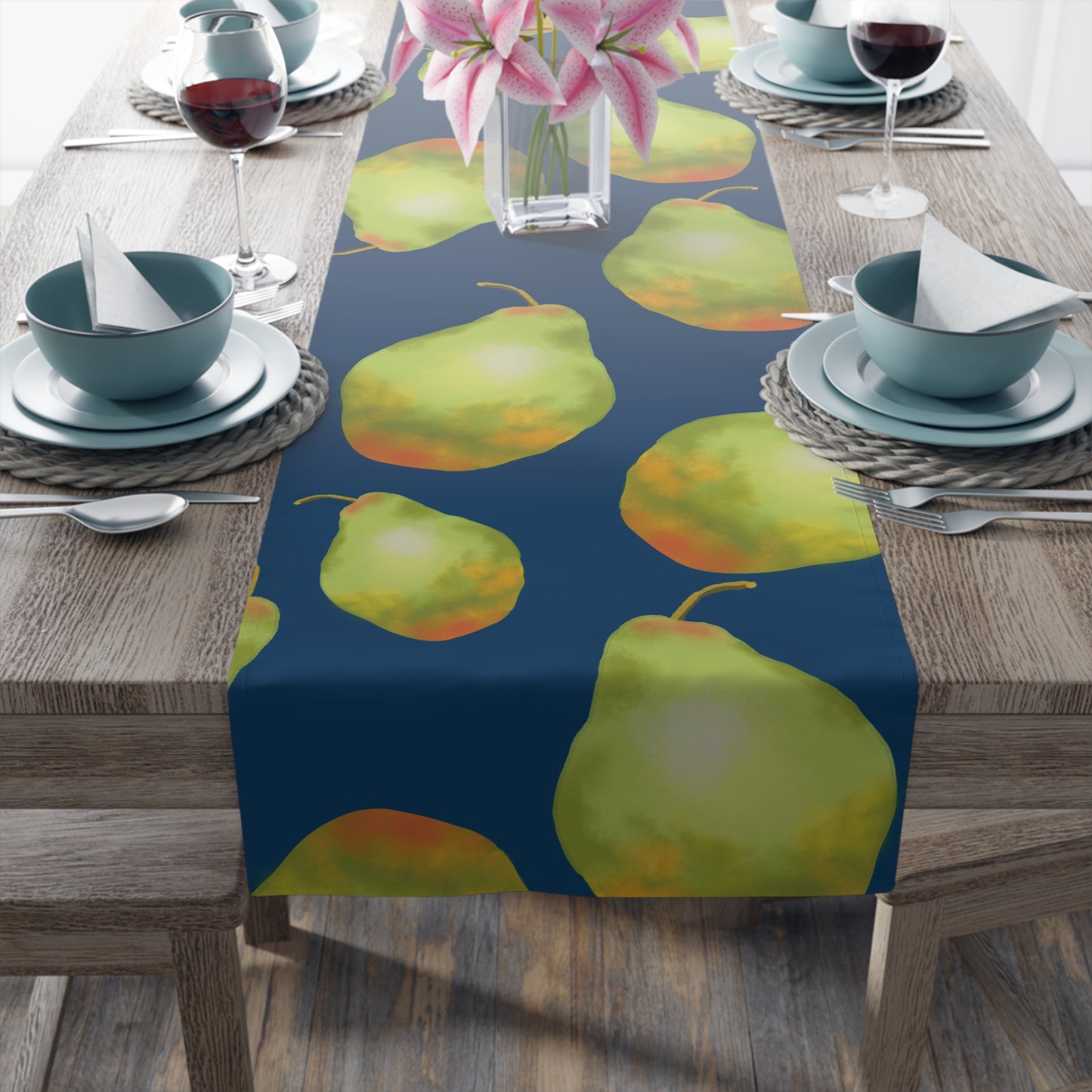 Charming Pear Pattern Table Runner in dark blue and lively pear green.