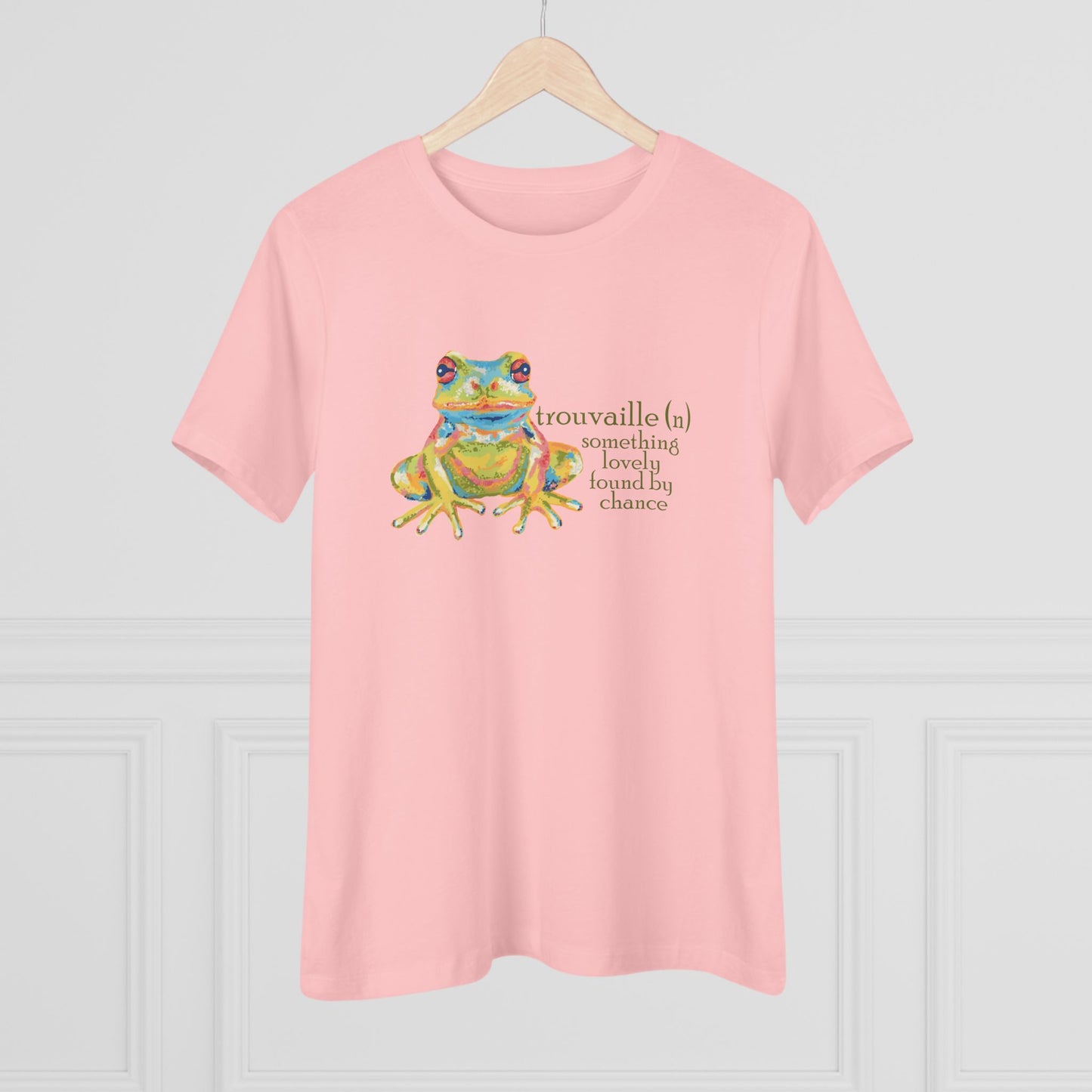 "Trouvaille" Something Lovely Found by Chance French Frog Tee — Women's Cotton T‑Shirt with Colorful Frog Art
