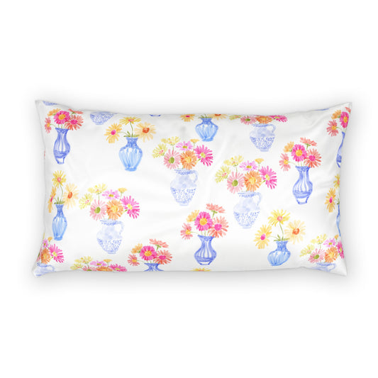 Watercolor Floral Vase Cotton Pillow Sham — Pastel Bouquet Decorative Pillowcase