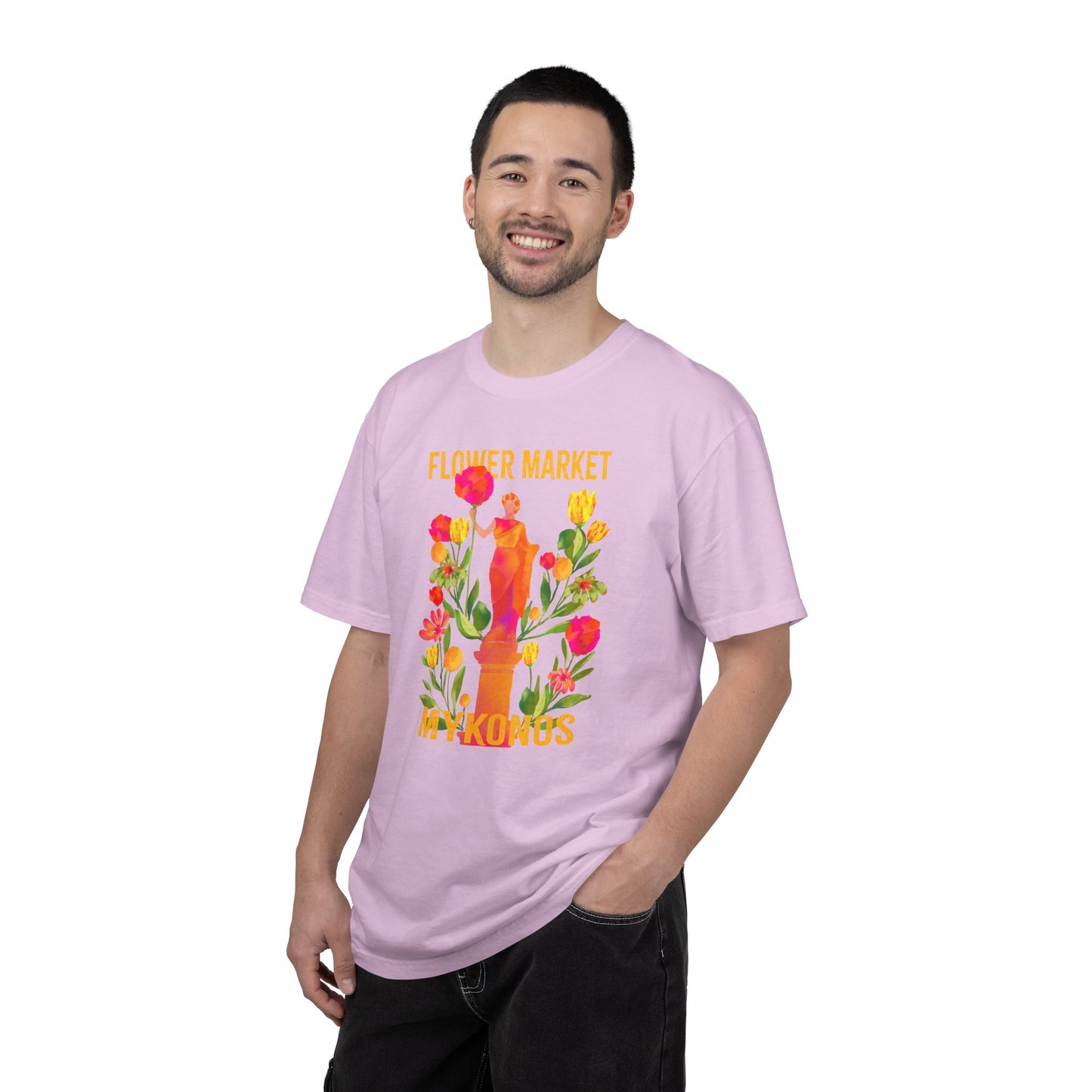 Greek Isle Mykonos Floral Market T-Shirt | Summer Vibes, Eco-Friendly Apparel, Casual Wear, Gift for Her, Bohemian Style