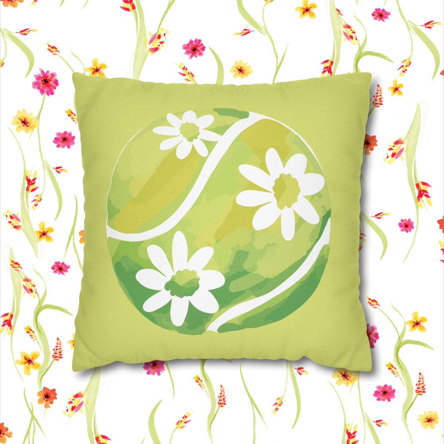 Tennis Ball Daisy Spring Floral Square Pillowcase - Decorative Cushion, Home Decor, Couch Pillow, Gift for Her, Green Leaves Design