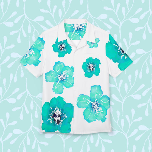 Tropical Woman's or Men's Azalea Turquoise Hawaiian Shirt, Beach Wear, Vacation Outfit, Summer Party Shirt, Casual Style, Relaxed Fit