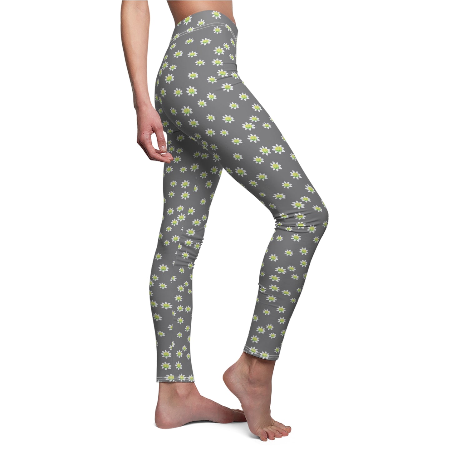 Ditsy Daisy Tennis Ball Women's Leggings — Gray Floral All-Over Print Casual Leggings