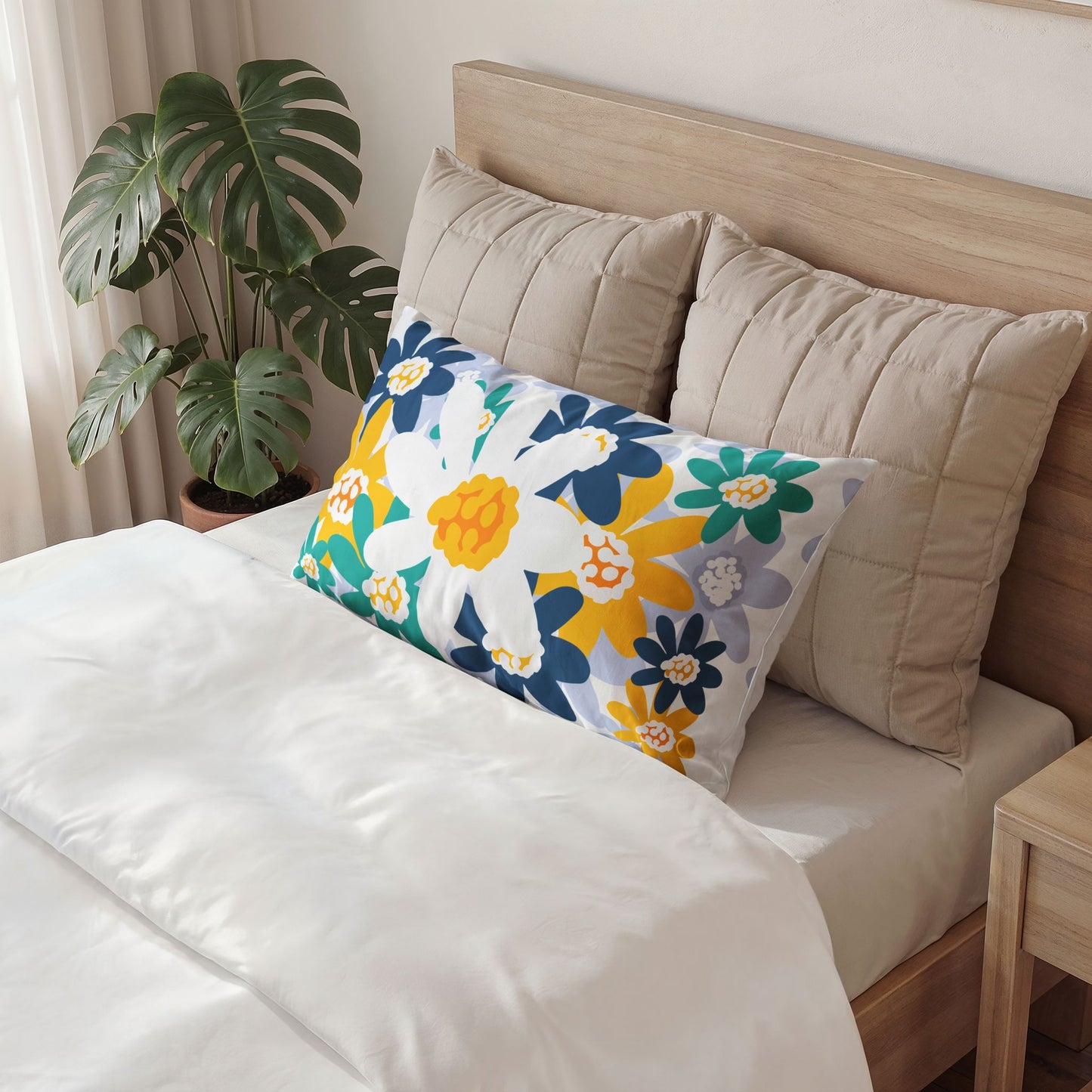 Floral Daffodil Cotton Pillow Case — Yellow & Navy Garden Pillowcase