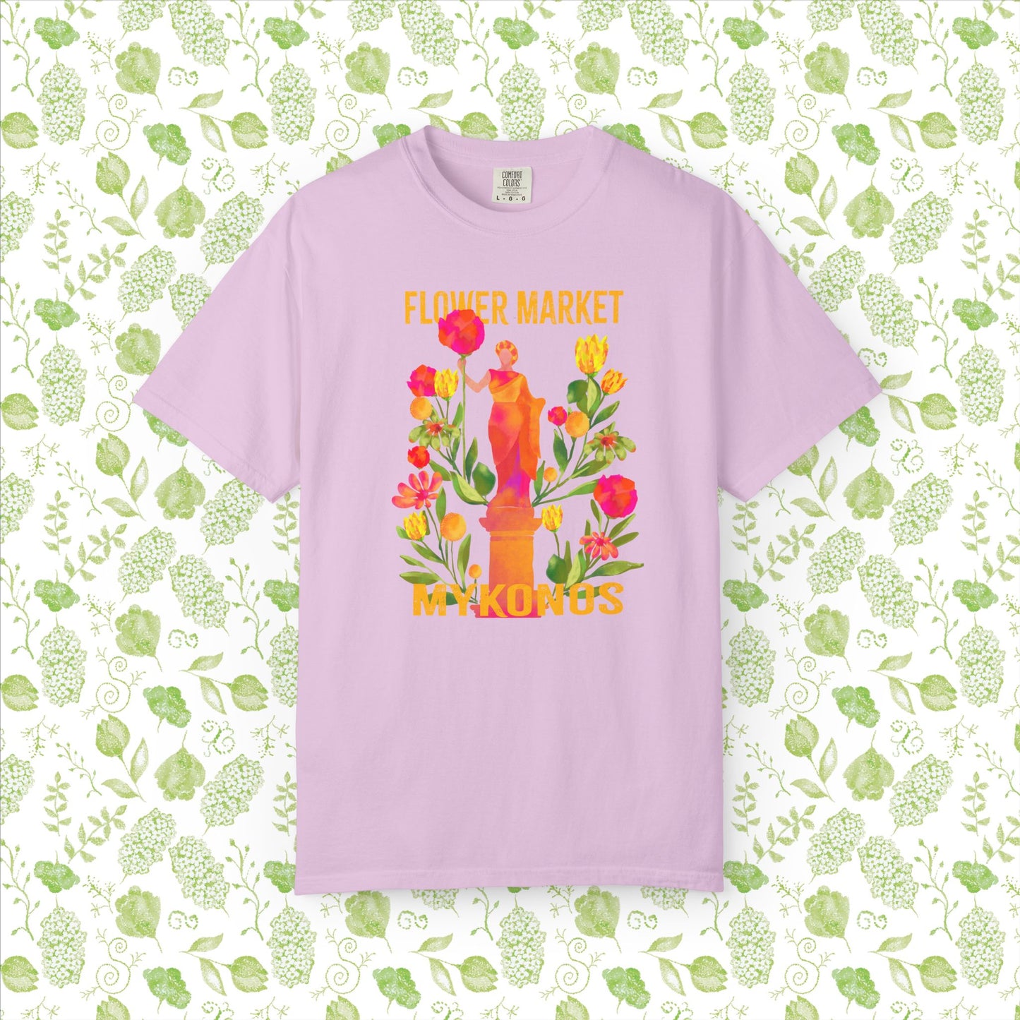 Greek Isle Mykonos Floral Market T-Shirt | Summer Vibes, Eco-Friendly Apparel, Casual Wear, Gift for Her, Bohemian Style