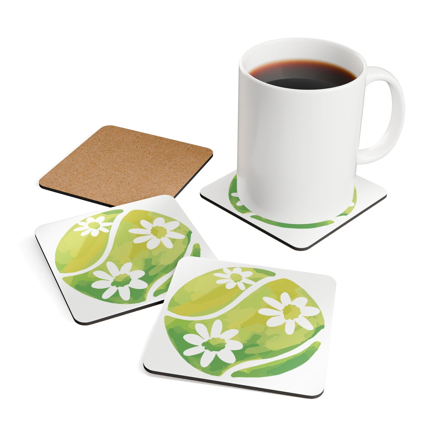 Tennis Ball Floral Eco-Friendly Floral Cork Coaster Set | Perfect for Home Decor, Housewarming Gift, Summer Parties, Eco-Conscious Living, Set of Four