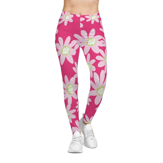 Daisy Pink Floral Women's Casual Leggings, Yoga Pants, Workout Leggings, Spring Activewear, Gift for Her, Everyday Wear