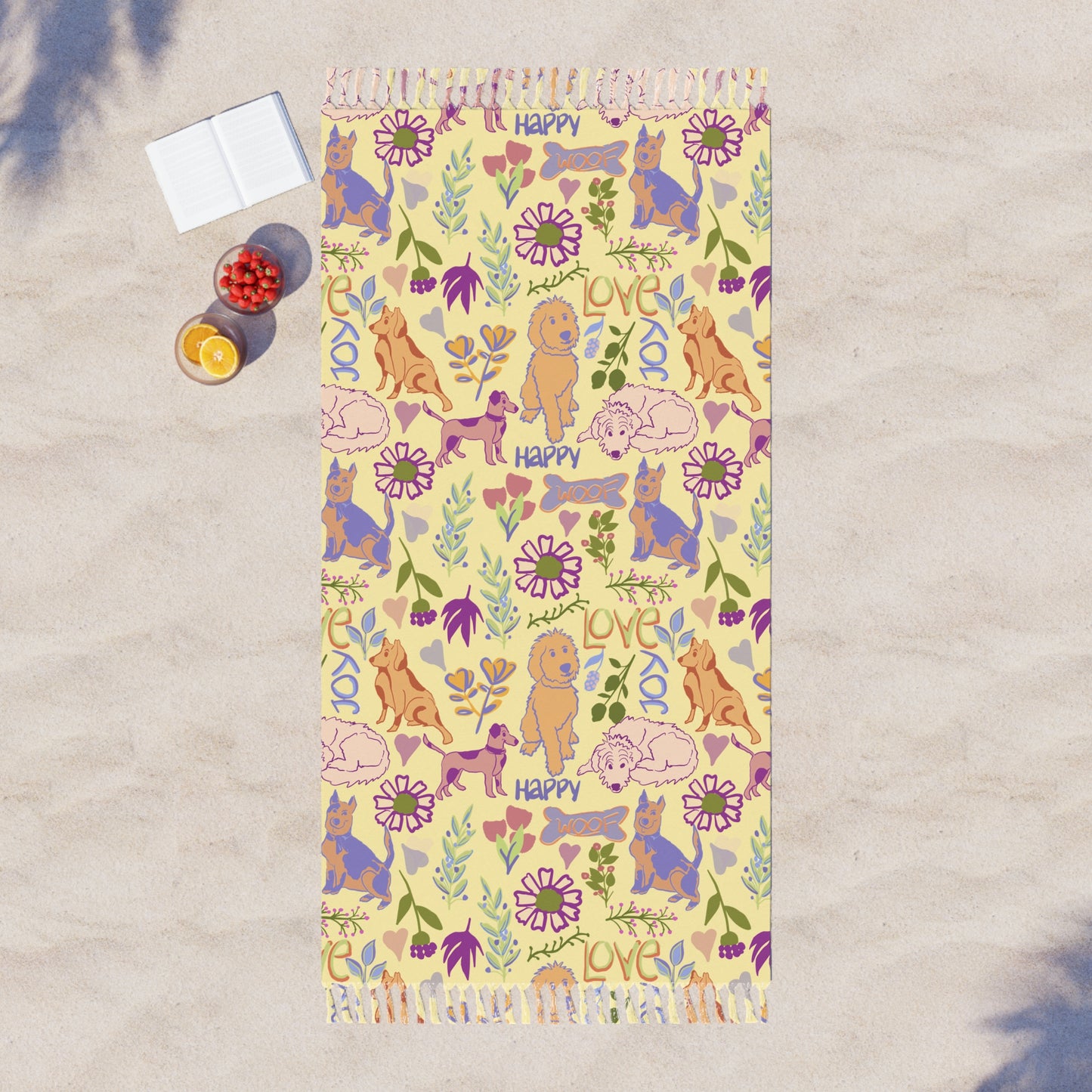 Boho Beach Cloth Towel — Vintage Floral & Dogs 'Happy' Pattern