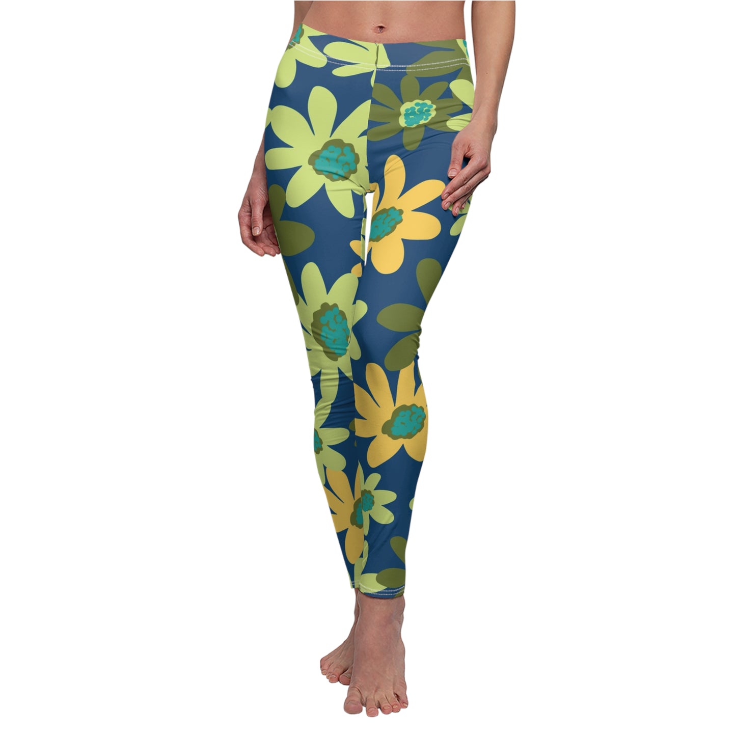 Floral Retro Daisy Leggings — Green & Teal All-Over Print