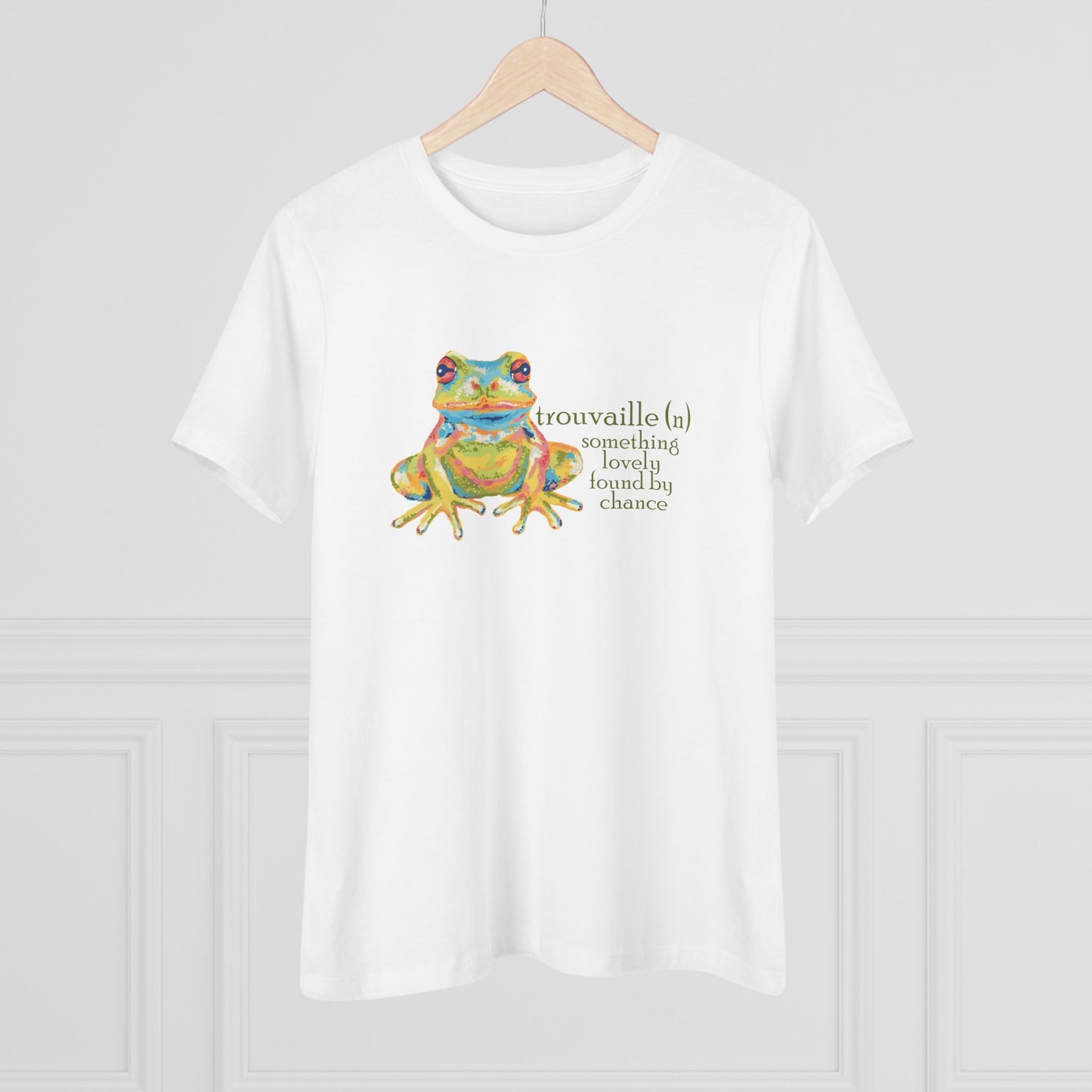 "Trouvaille" Something Lovely Found by Chance French Frog Tee — Women's Cotton T‑Shirt with Colorful Frog Art
