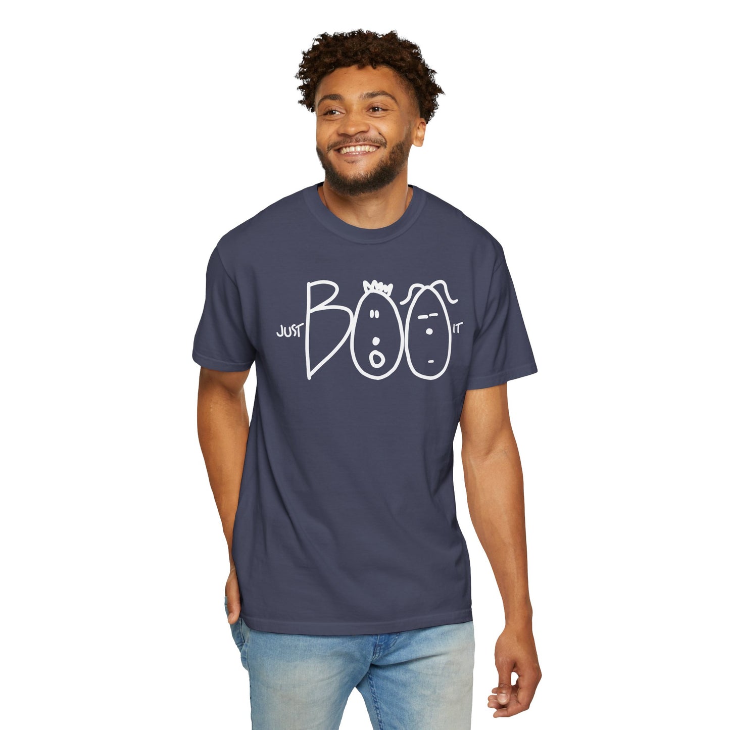 JUST BOO IT....Spooky Unisex Garment-Dyed T-shirt, Halloween Tee, Trendy Graphic Tee, Funny Costume Top, Holiday Apparel, Party Wear