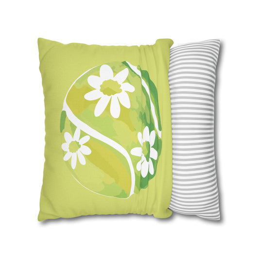 Tennis Ball Daisy Spring Floral Square Pillowcase - Decorative Cushion, Home Decor, Couch Pillow, Gift for Her, Green Leaves Design