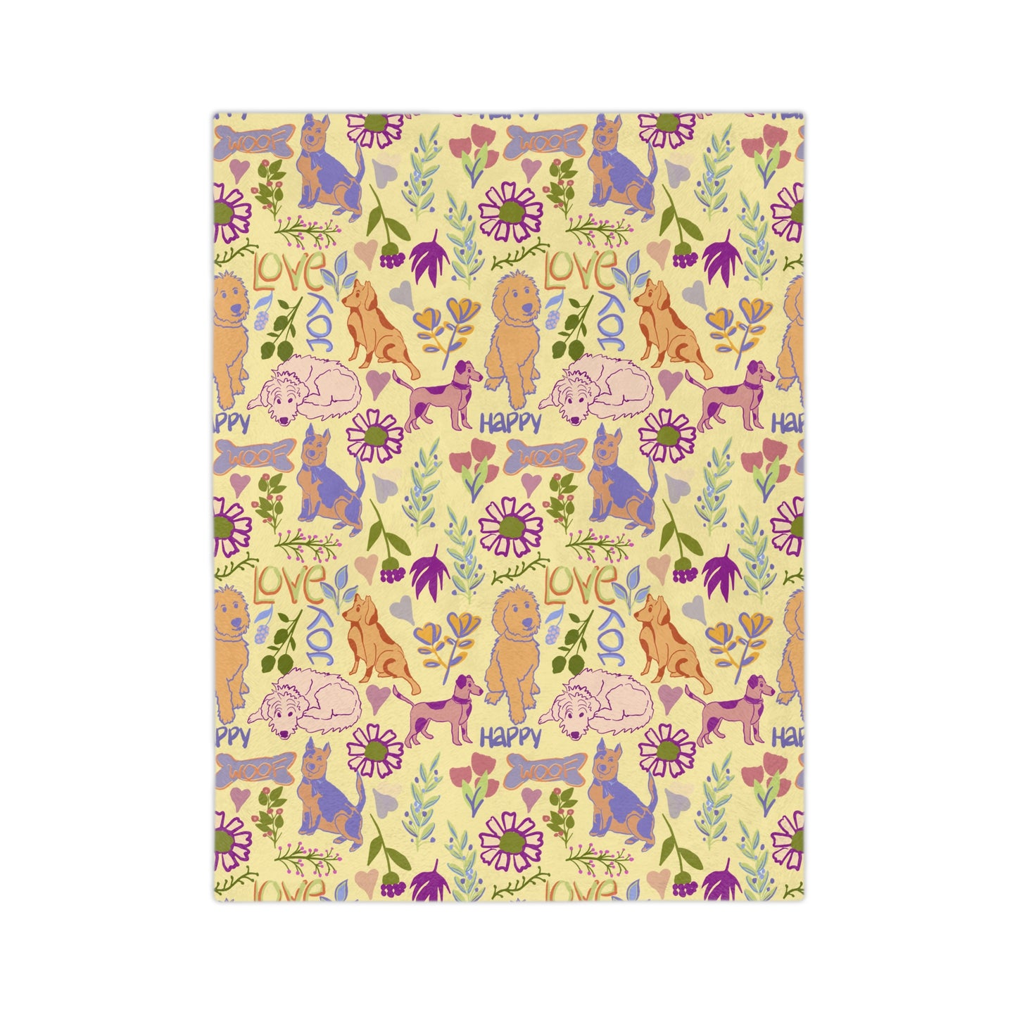 Dog Pattern Velveteen Microfiber Blanket — Cute Puppies, 'Love' & 'Happy' Floral Throw