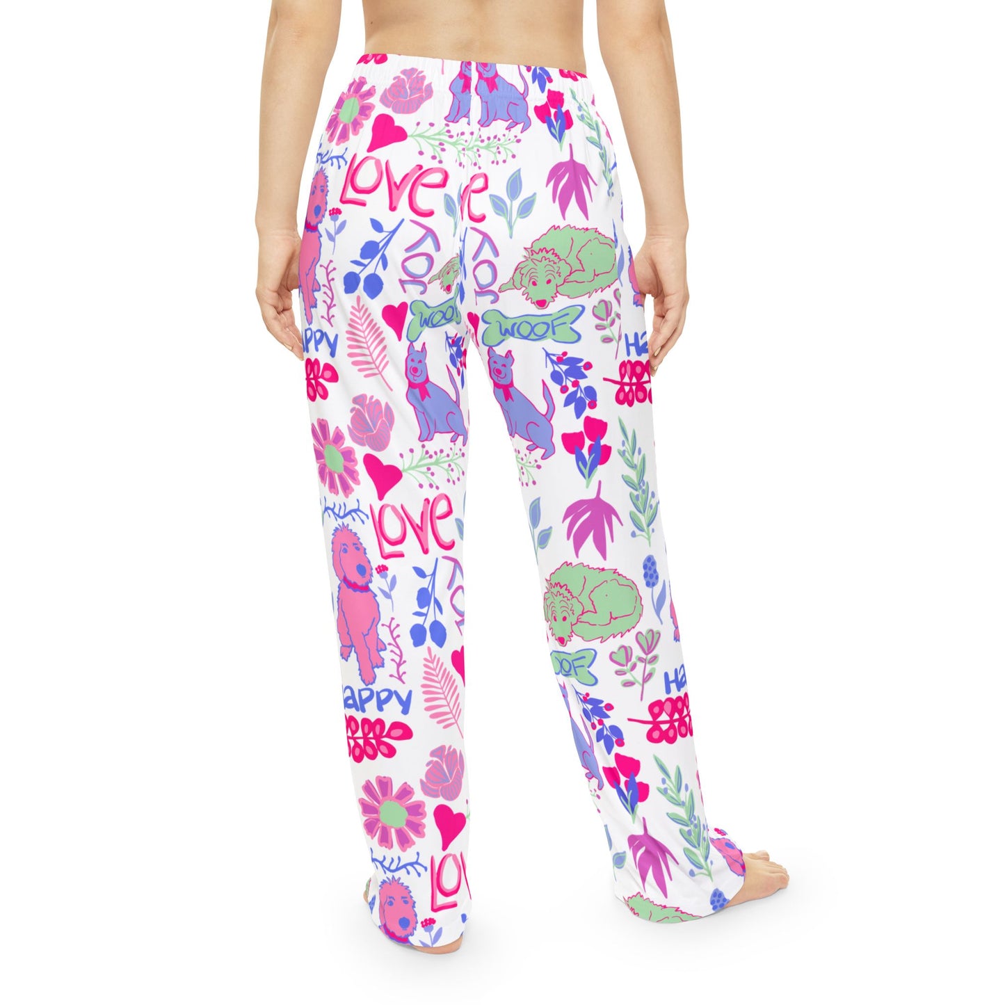 Pajama Pants — Cute Floral & Dog Love All-Over Print Women's Sleep Pants