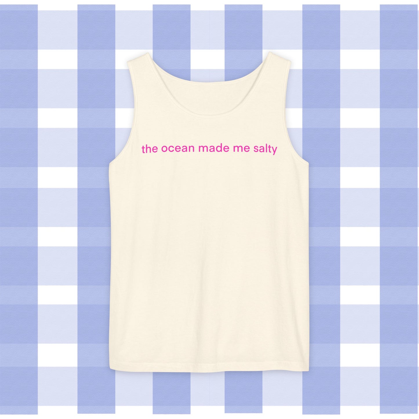 Tank Top — "the ocean made me salty" Pink Text Beach Tank