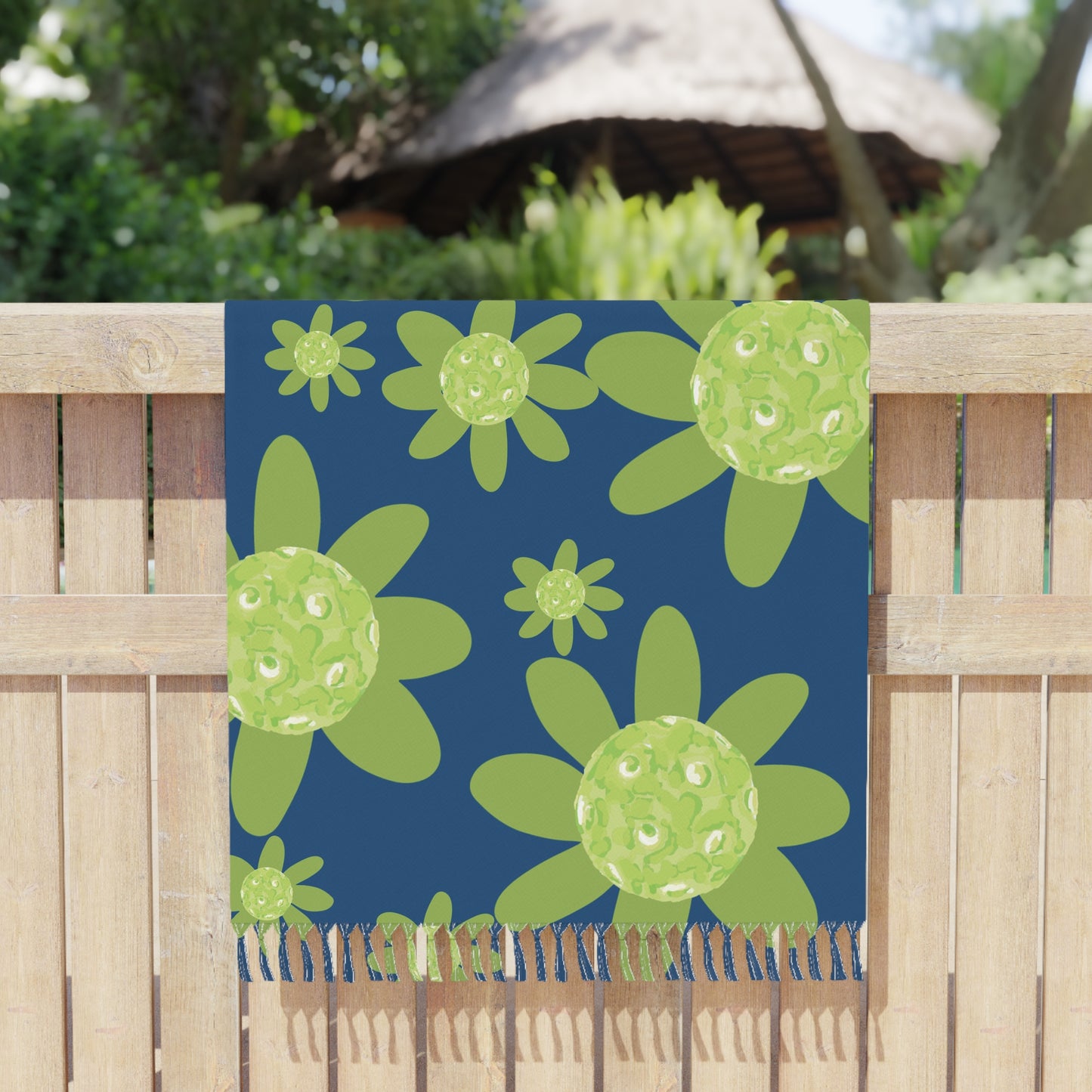 Boho Floral Beach Towel – Green Daisy Pickleball Ball Pattern Cotton Fringe Throw
