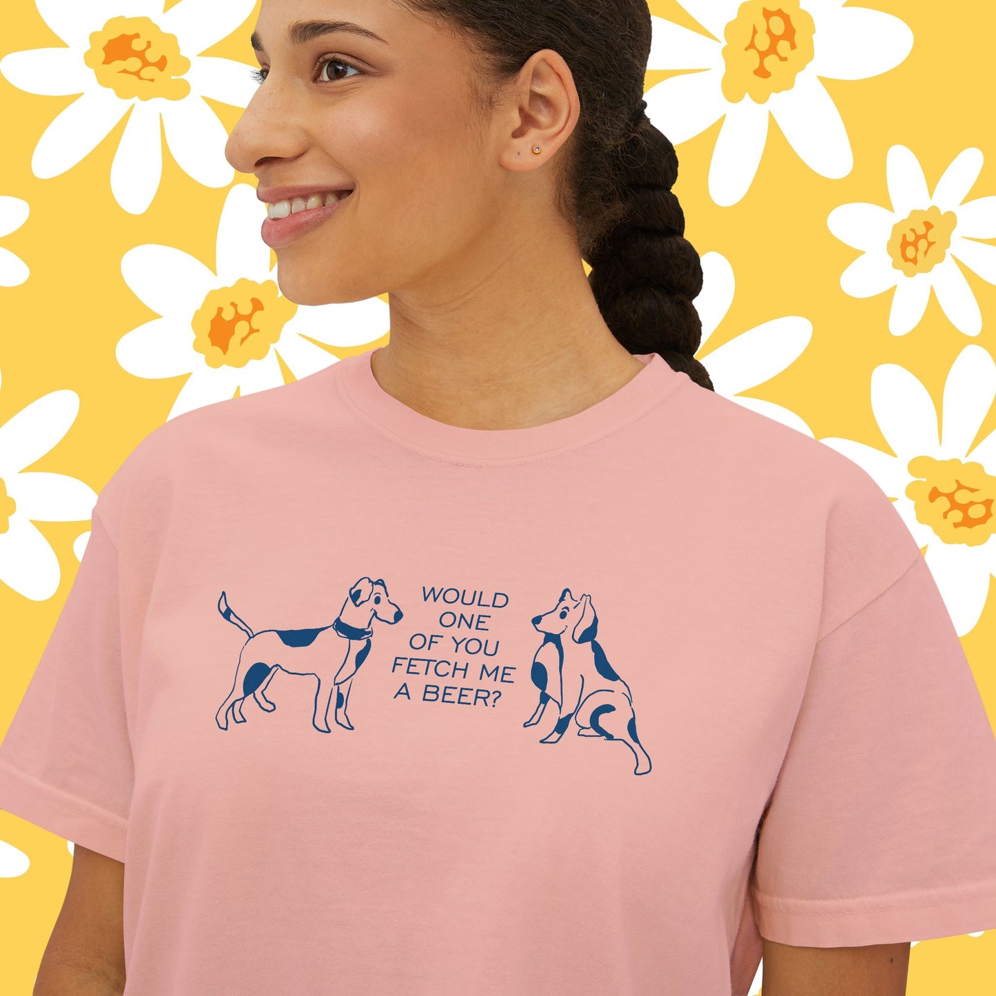 FETCH ME A BEER!  Playful Dog Lover's Boxy Tee, Cute Dog Graphic T-Shirt, Women's Casual Shirt, Gift for Pet Owners, Animal Lover's Apparel