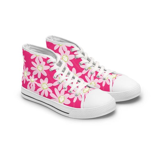 Bright Pink Daisy Floral Women’s High Top Sneakers | Trendy Spring Footwear, Casual Shoes, Unique Gifts, Summer Vibes, Festival Style