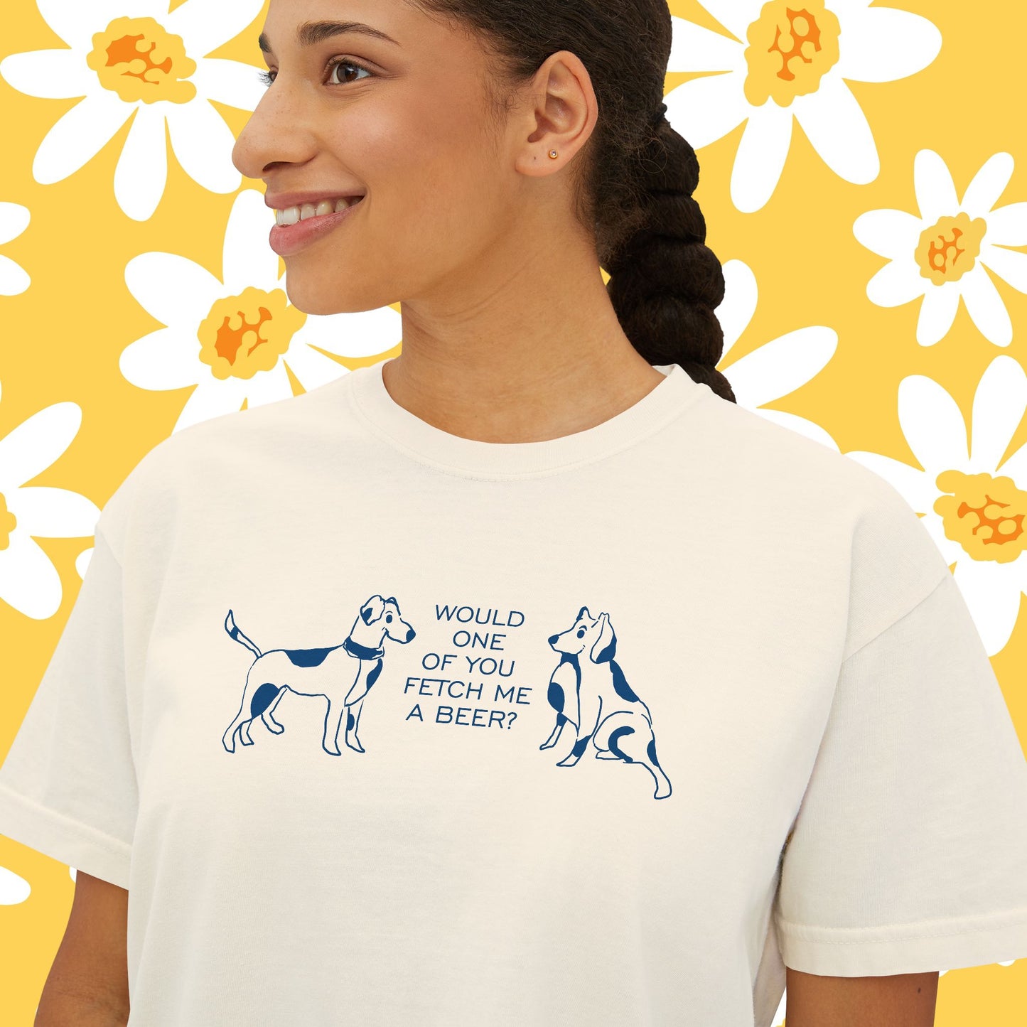 FETCH ME A BEER!  Playful Dog Lover's Boxy Tee, Cute Dog Graphic T-Shirt, Women's Casual Shirt, Gift for Pet Owners, Animal Lover's Apparel