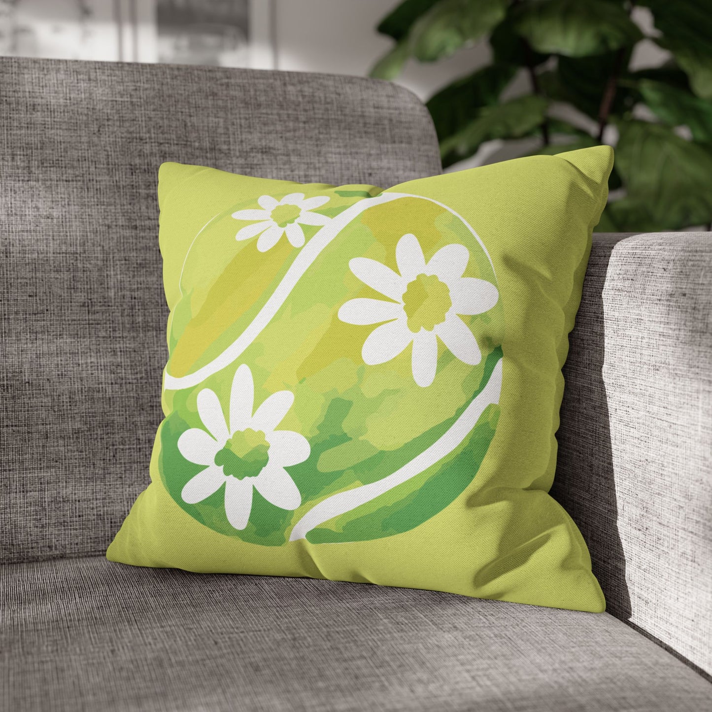 Tennis Ball Daisy Spring Floral Square Pillowcase - Decorative Cushion, Home Decor, Couch Pillow, Gift for Her, Green Leaves Design