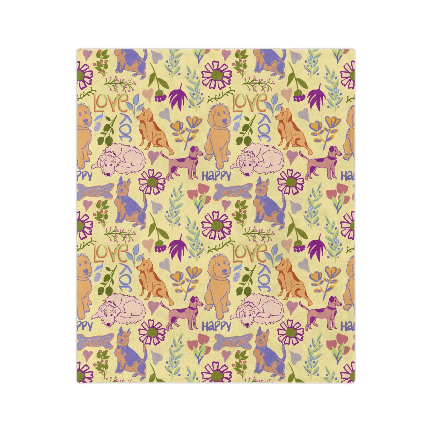 Dog Pattern Velveteen Microfiber Blanket — Cute Puppies, 'Love' & 'Happy' Floral Throw