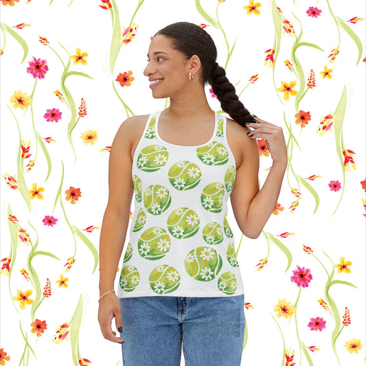 Tennis Ball Daisy Spring Floral Women's Tank Top, Summer Outfit, Beachwear, Casual Wear, Floral Print, Workout Tank