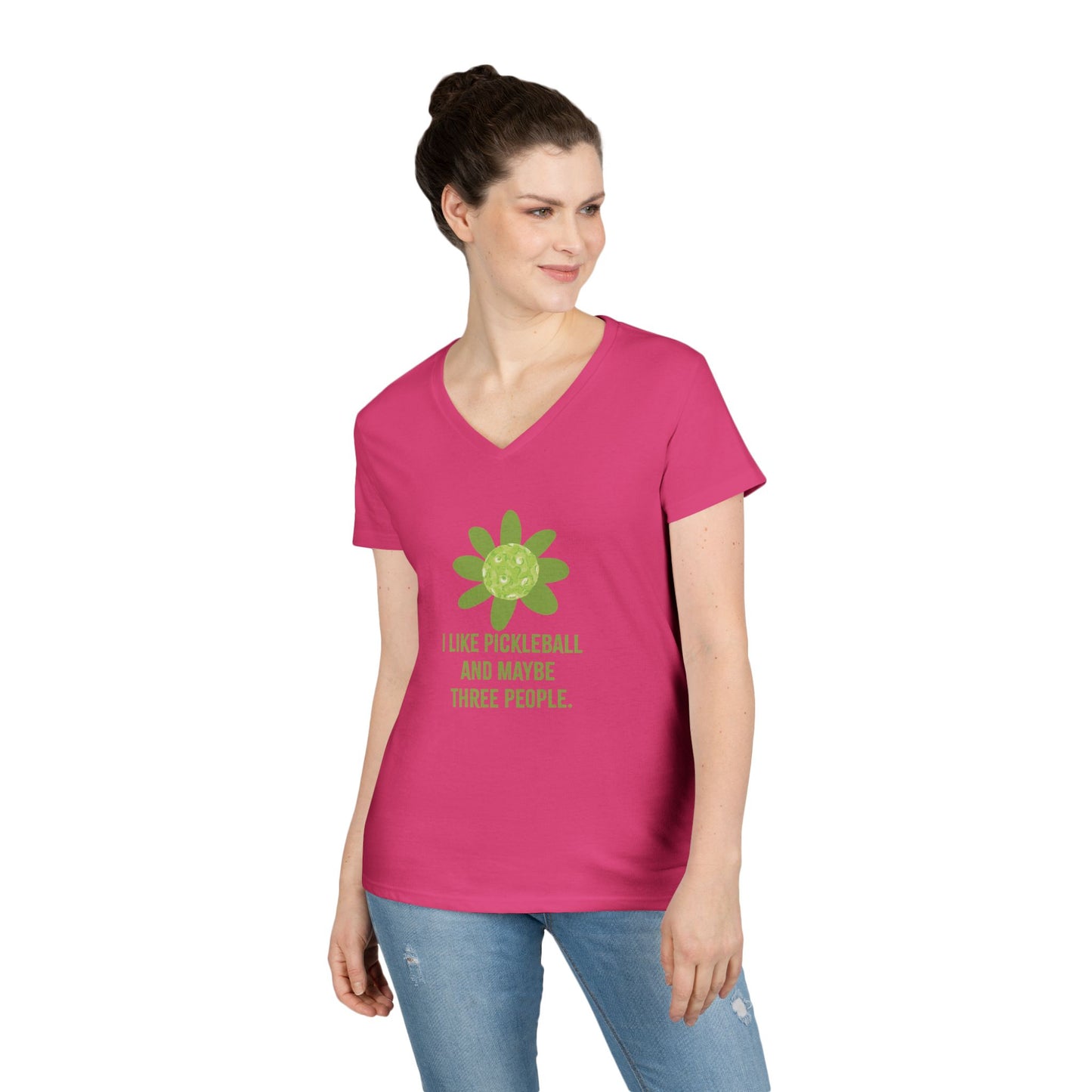 "I like Pickleball and Maybe three People" Humourous Whimsical V-Neck Tee, Fun T-Shirt for Pickleball Lovers , Gift for Friends, Eco-Friendly Apparel, Casual Wear