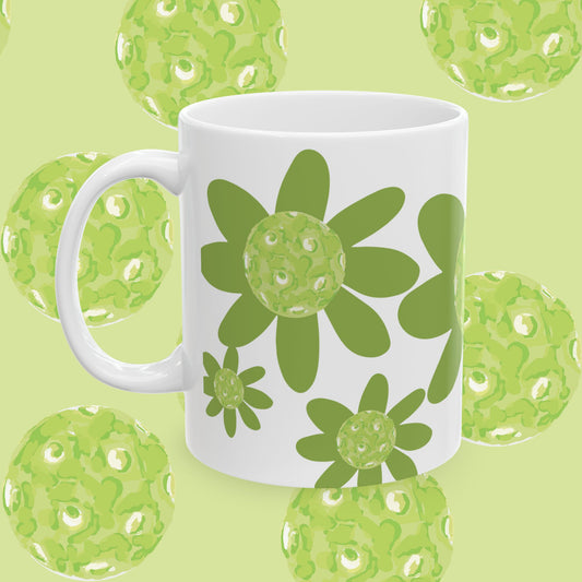 Green Pickleball Daisy Floral Ceramic Mug - Perfect Gift for Garden Lovers, Tea or Coffee Lovers, Mother's Day, Birthdays, Home Decor, Eco-Friendly